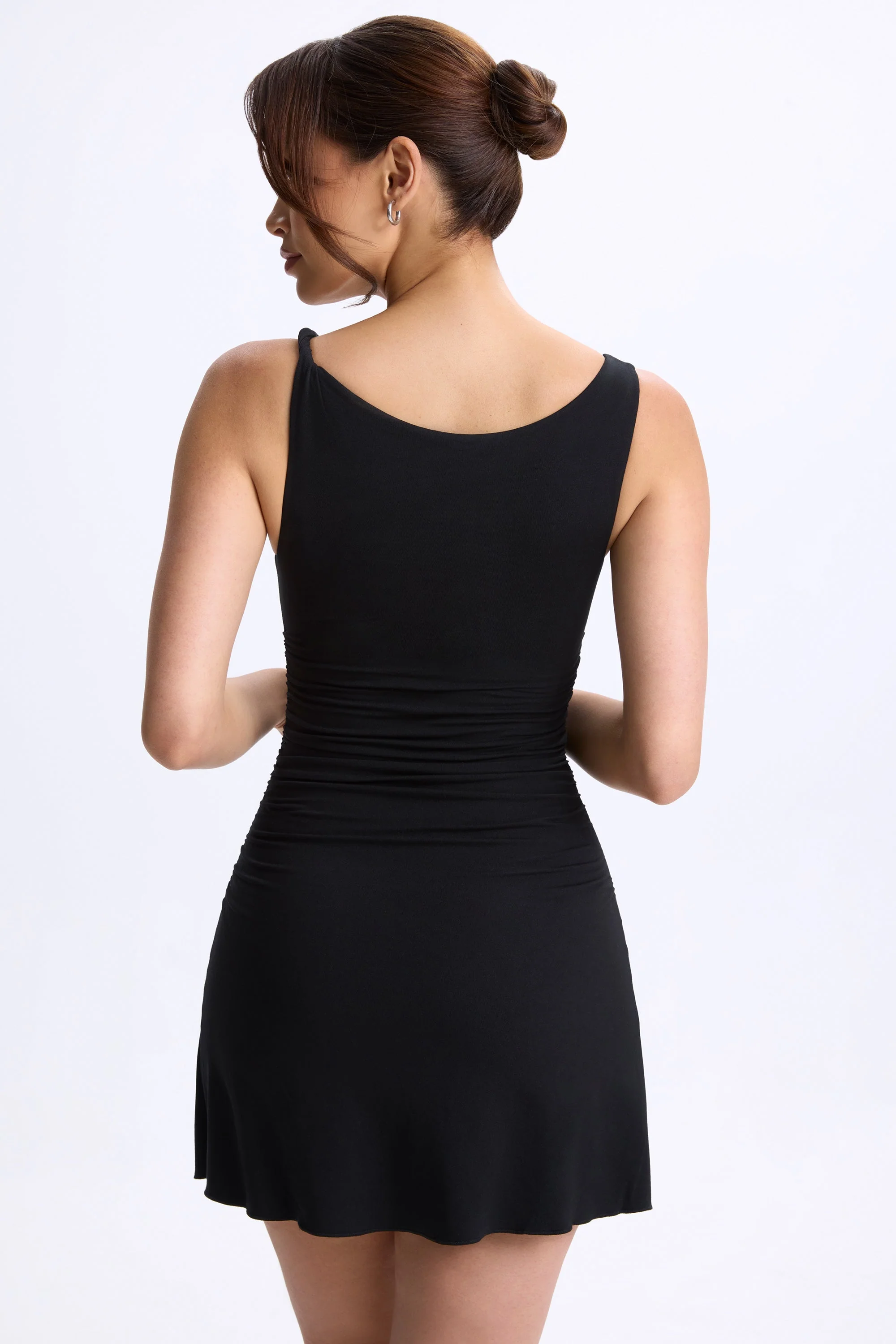 Ruched A-Line Micro Mini Dress in Black - TREBLEV