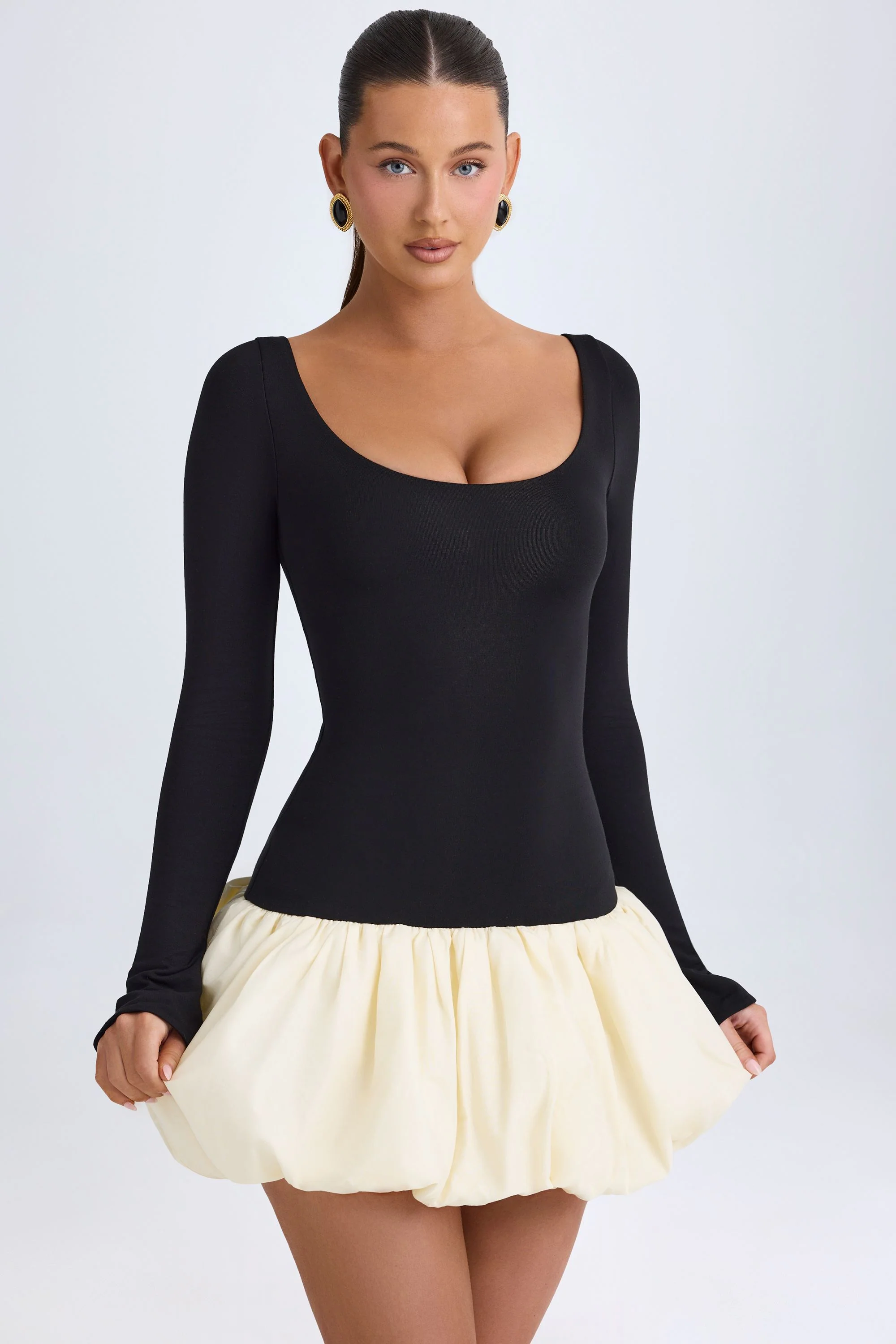 Scoop-Neck Drop-Waist Bubble Hem Mini Dress in Vanilla - TREBLEV