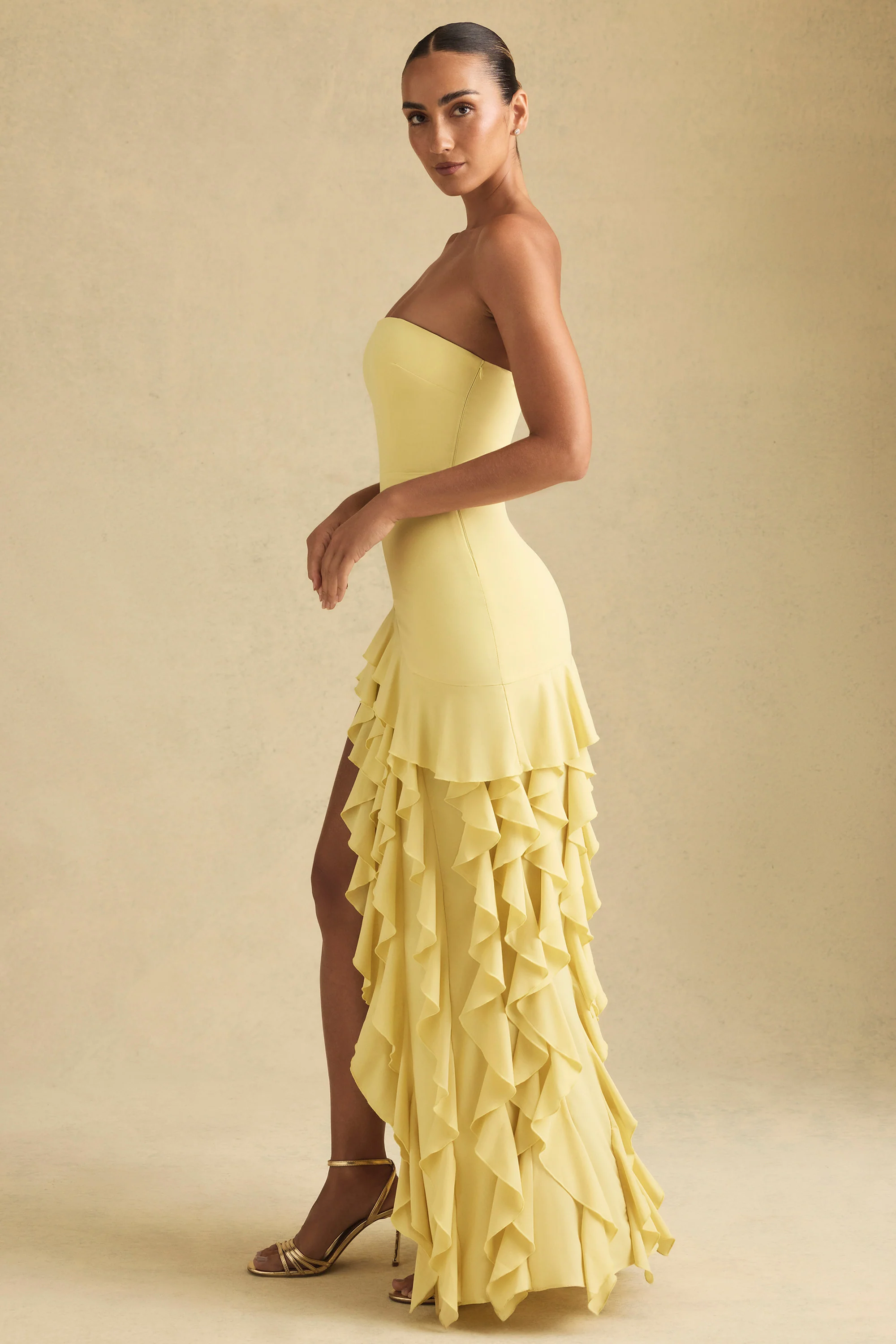 Ruffle-Trim Strapless Gown in Pastel Yellow - TREBLEV