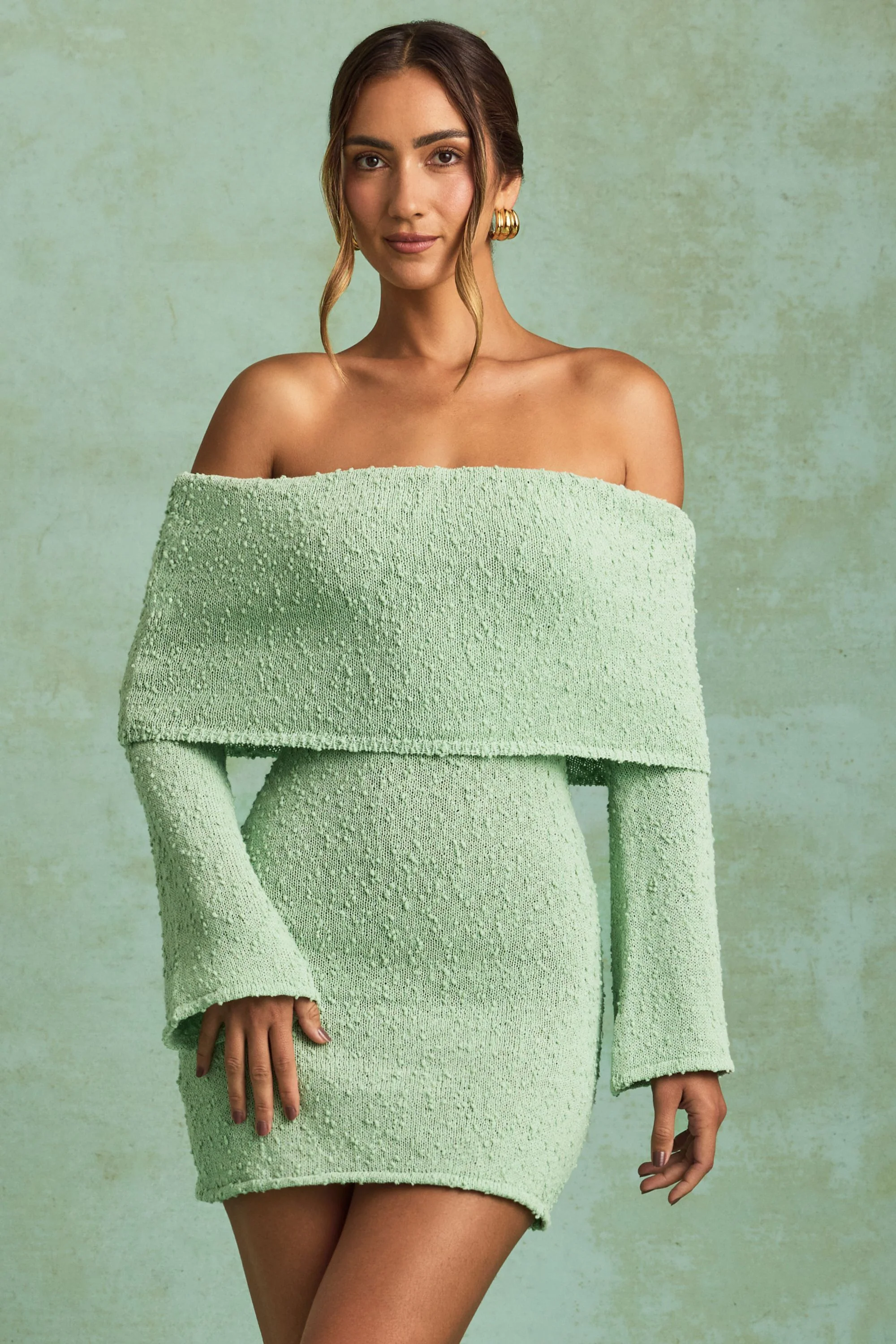 Bouclé Off-Shoulder Mini Dress in Mint - TREBLEV
