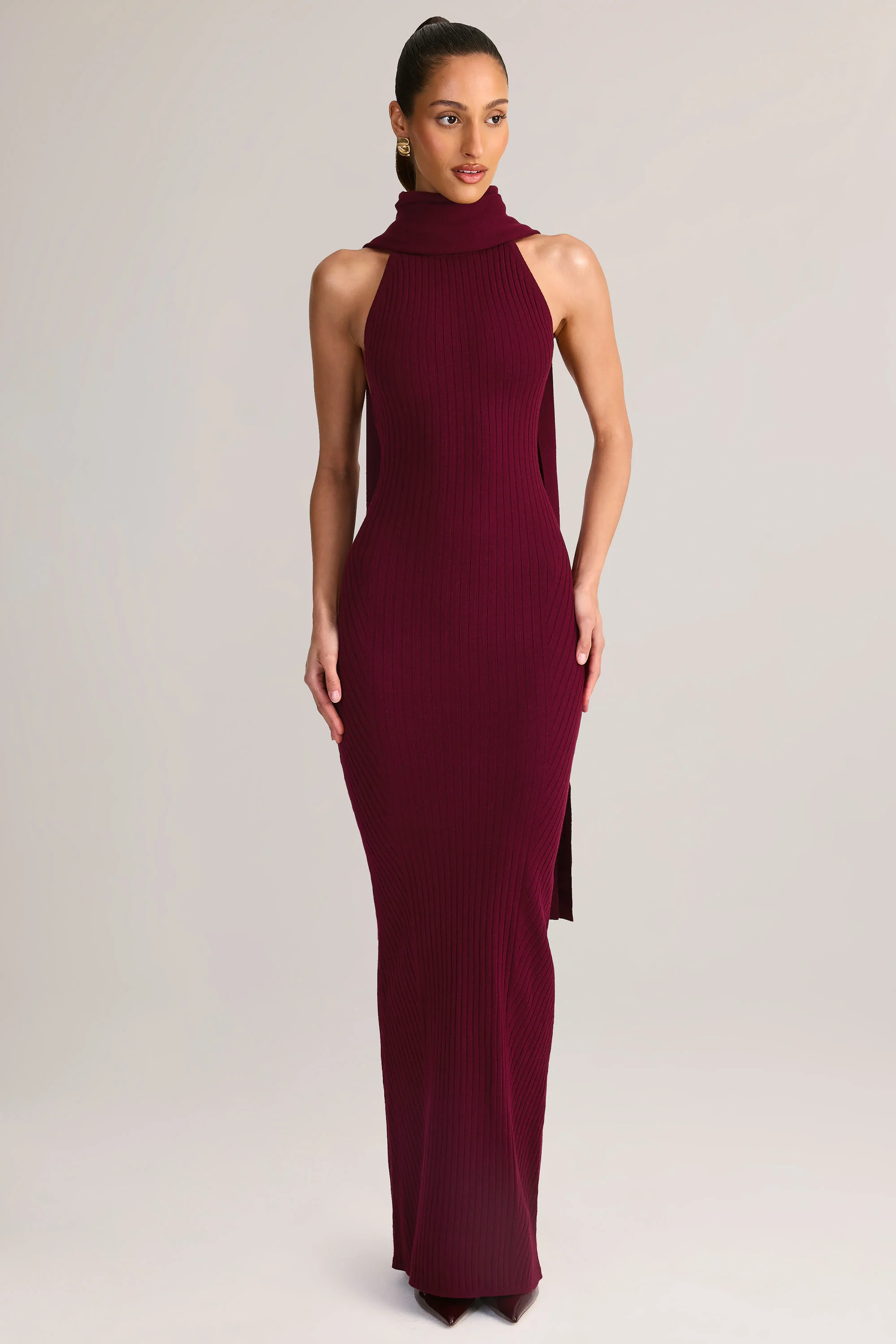 Knit Scarf-Detail Halterneck Maxi Dress in Wine - TREBLEV