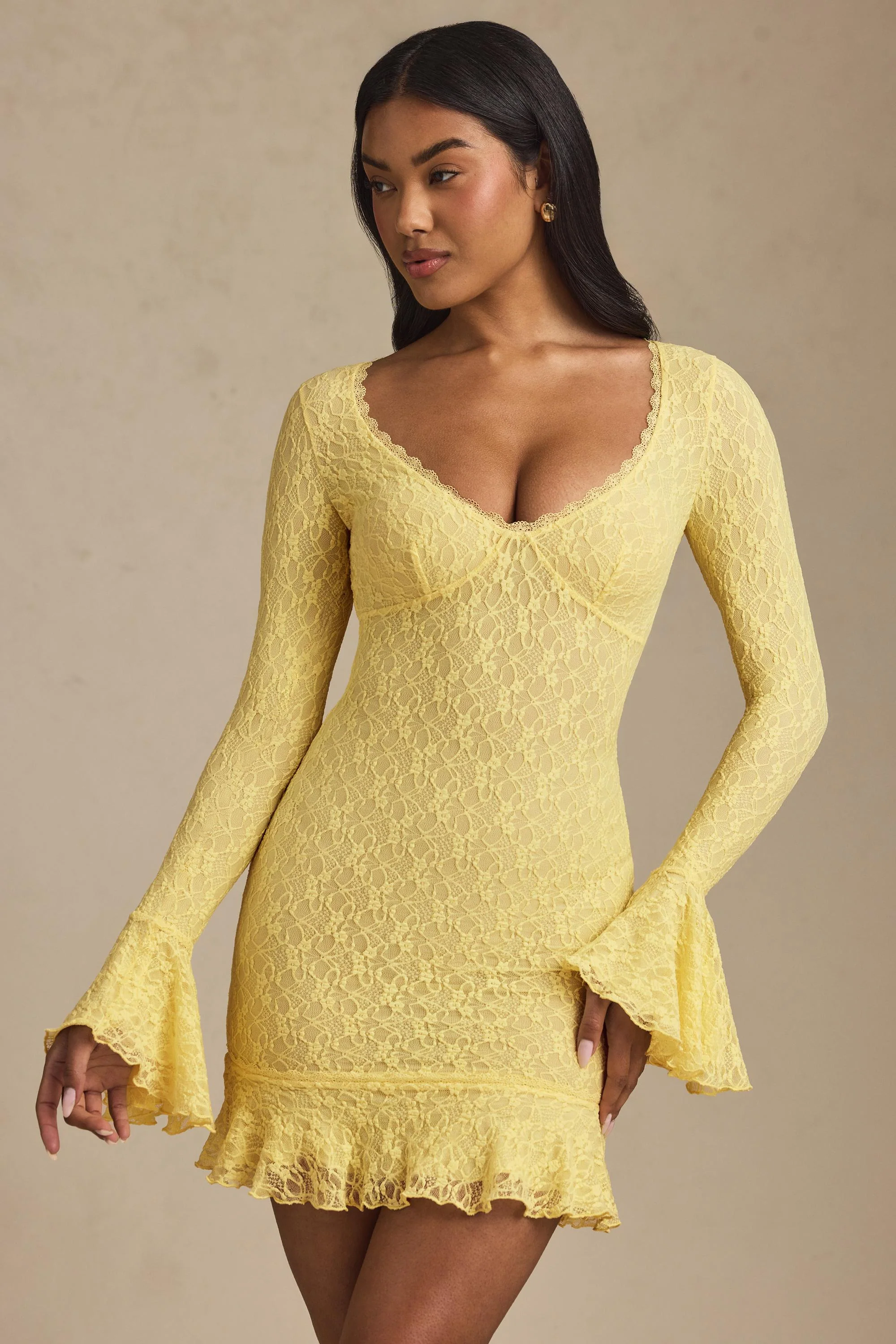 Long-Sleeve Ruffled Lace Mini Dress in Pastel Yellow - TREBLEV