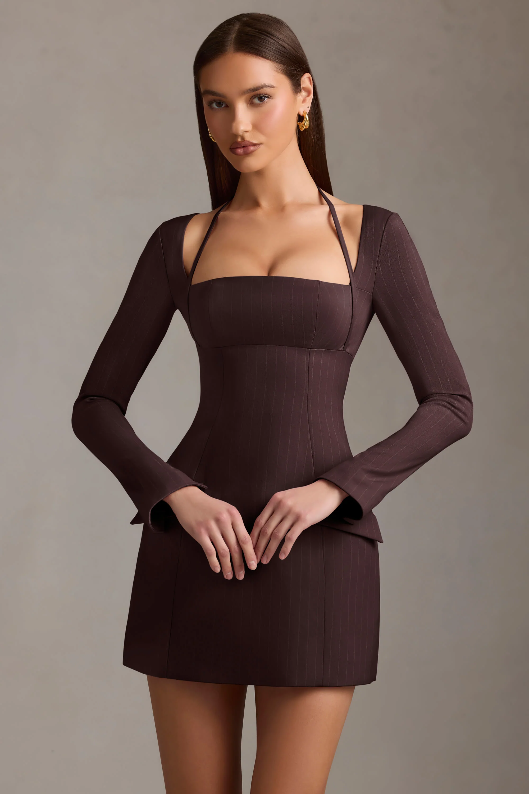 Pinstripe Structured A-Line Mini Dress in Chocolate Brown - TREBLEV
