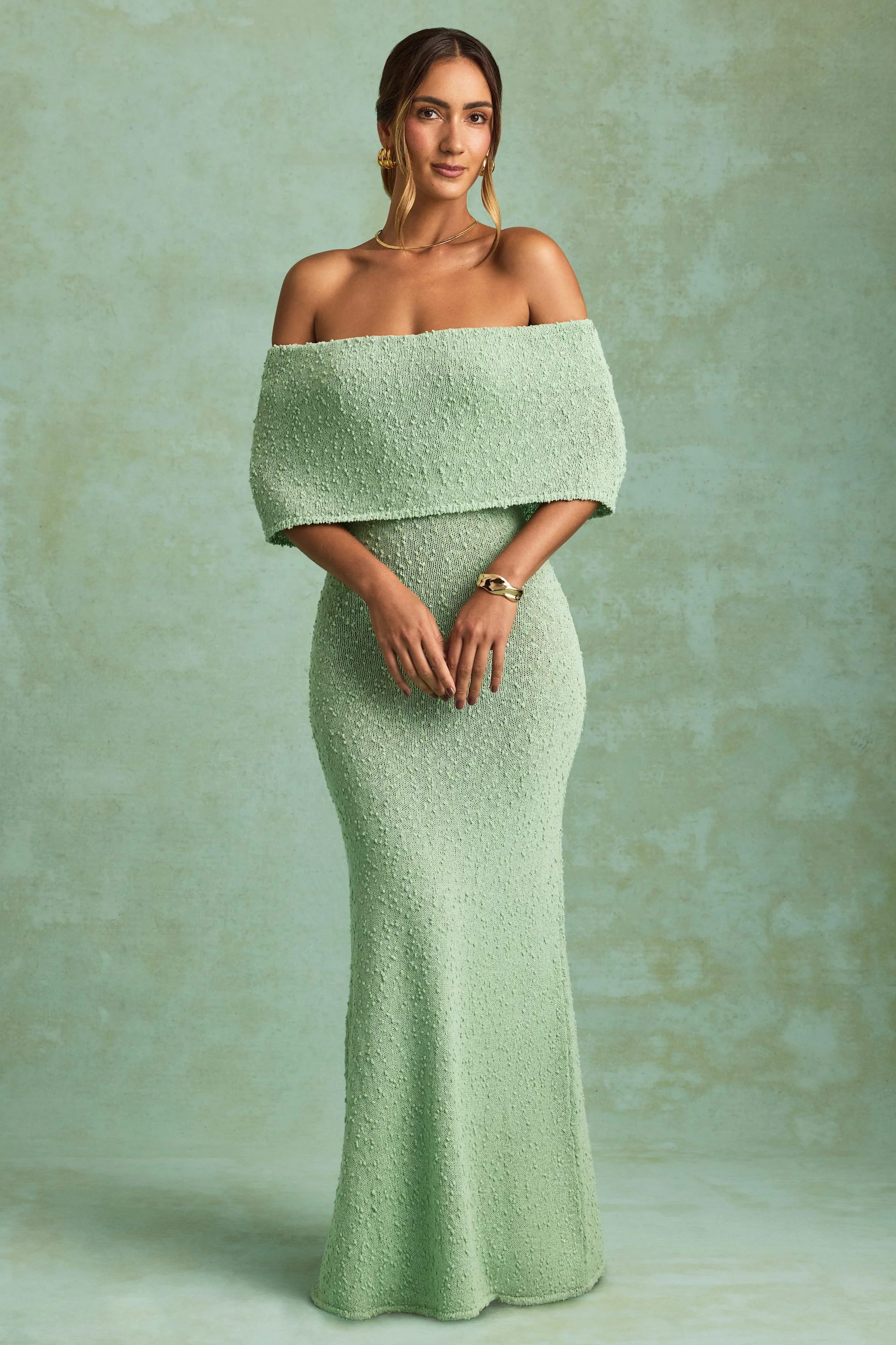 Bouclé Off-Shoulder Maxi Dress in Mint - TREBLEV