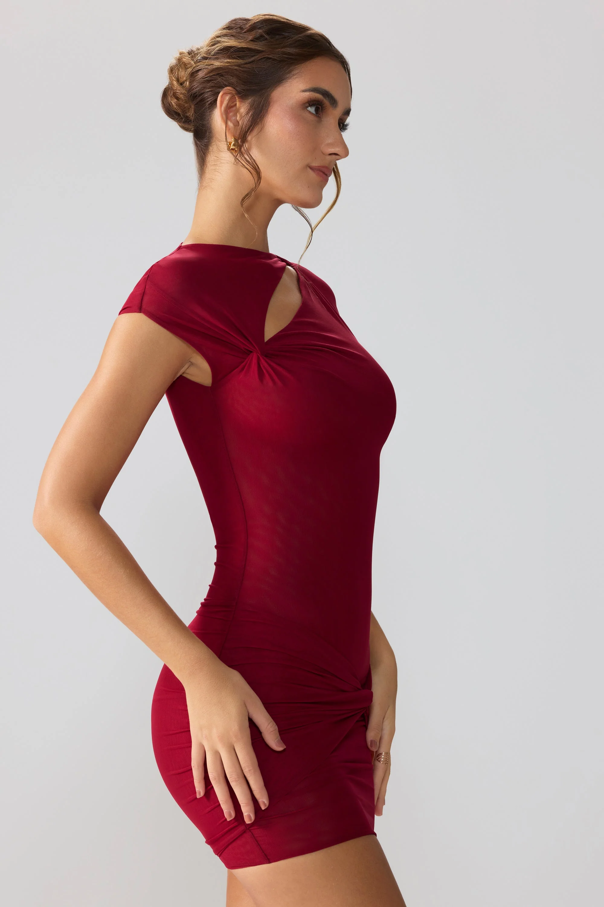 Mesh Cap Sleeve Cut Out Mini Dress in Ruby - TREBLEV