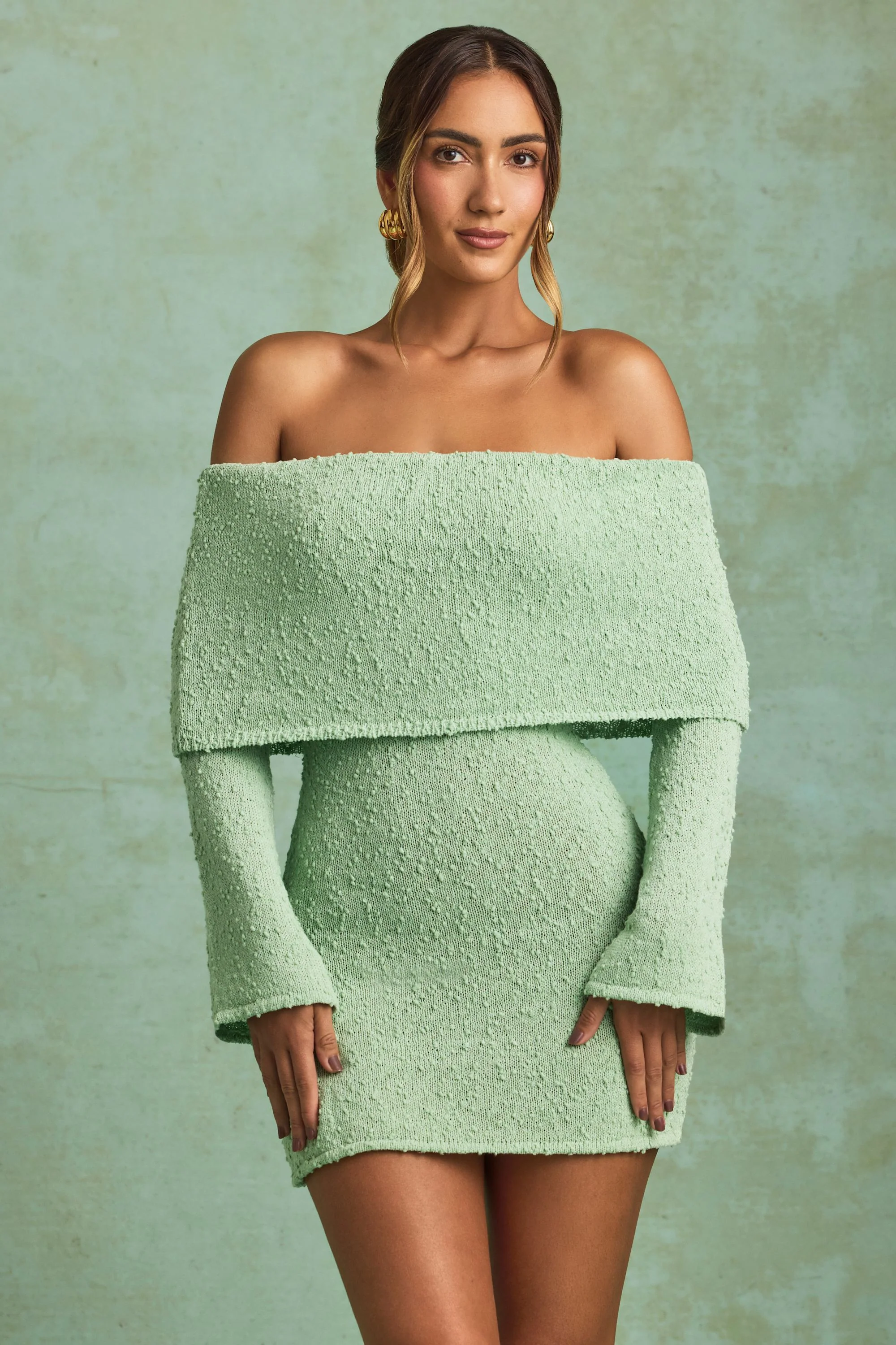 Bouclé Off-Shoulder Mini Dress in Mint - TREBLEV