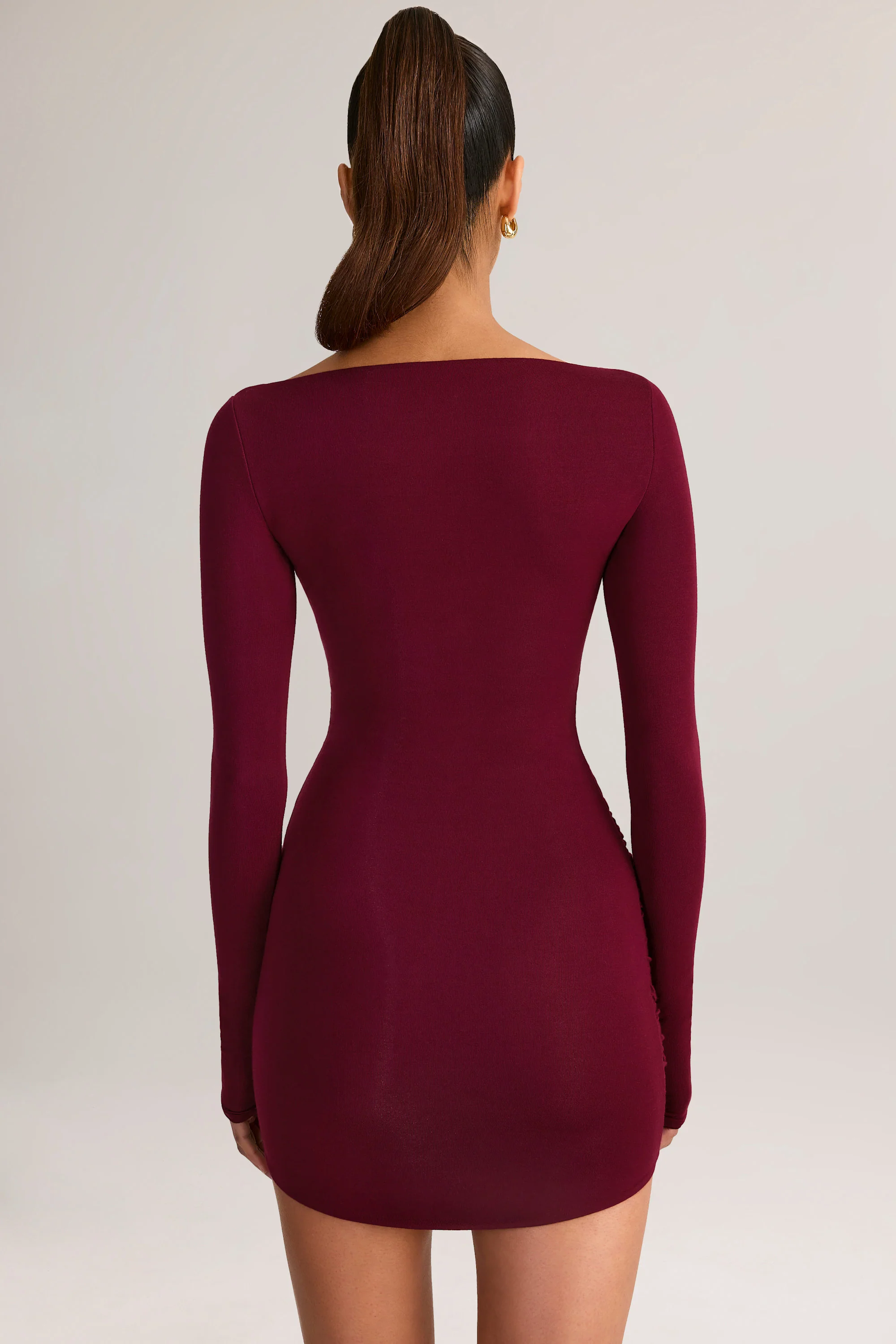 Modal Draped Long-Sleeve Mini Dress in Wine - TREBLEV