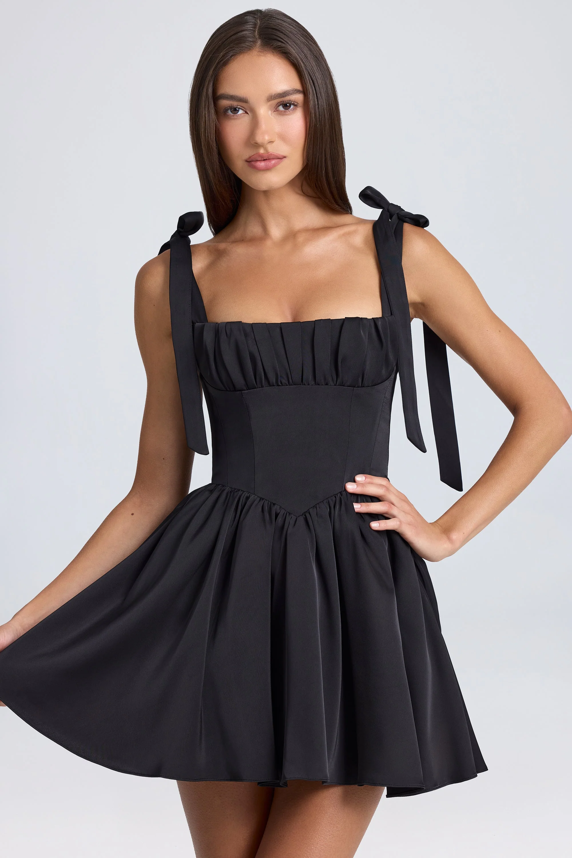 Draped Corset Mini Dress in Black - TREBLEV