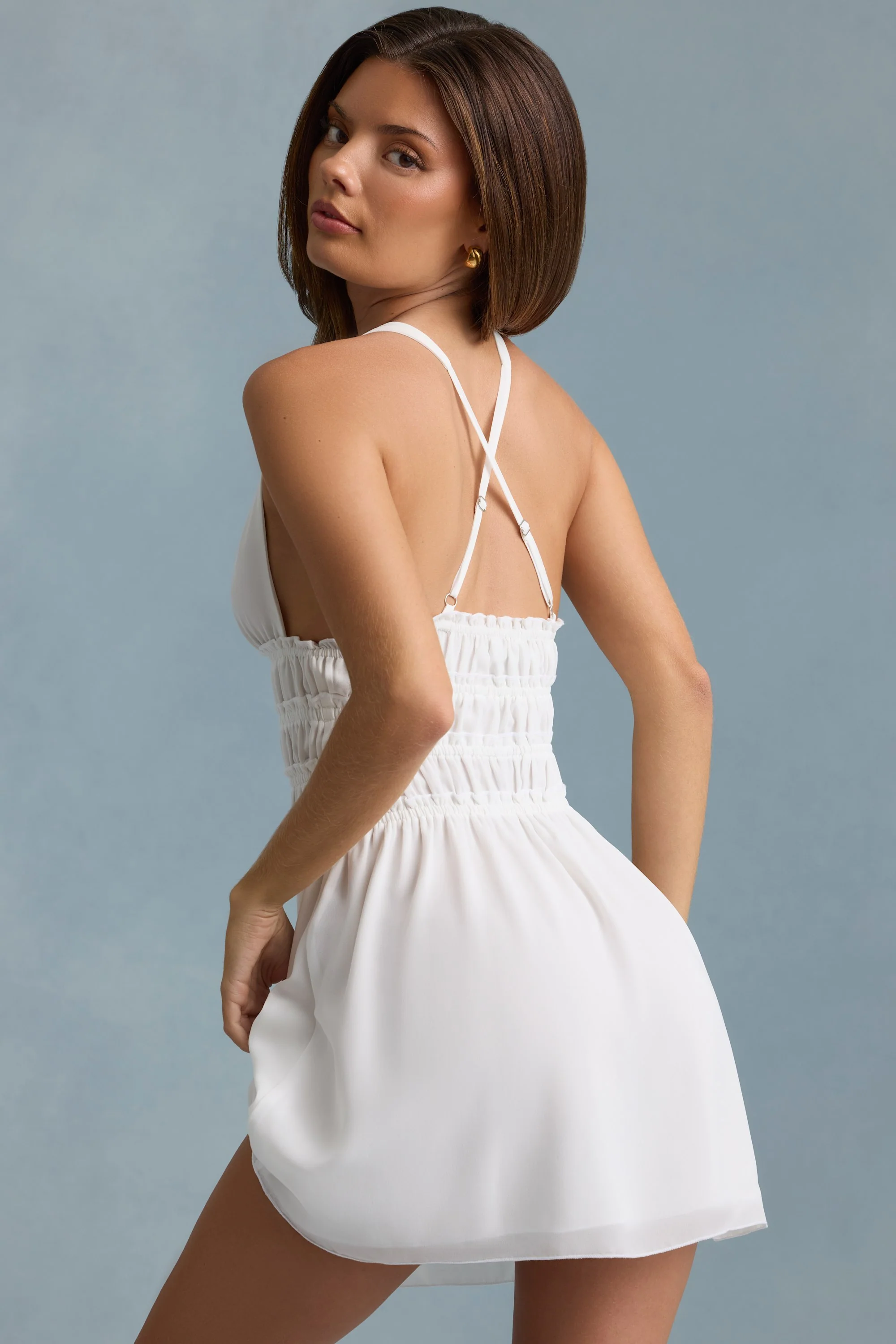 Plunge Cross-Back Mini Dress in White - TREBLEV