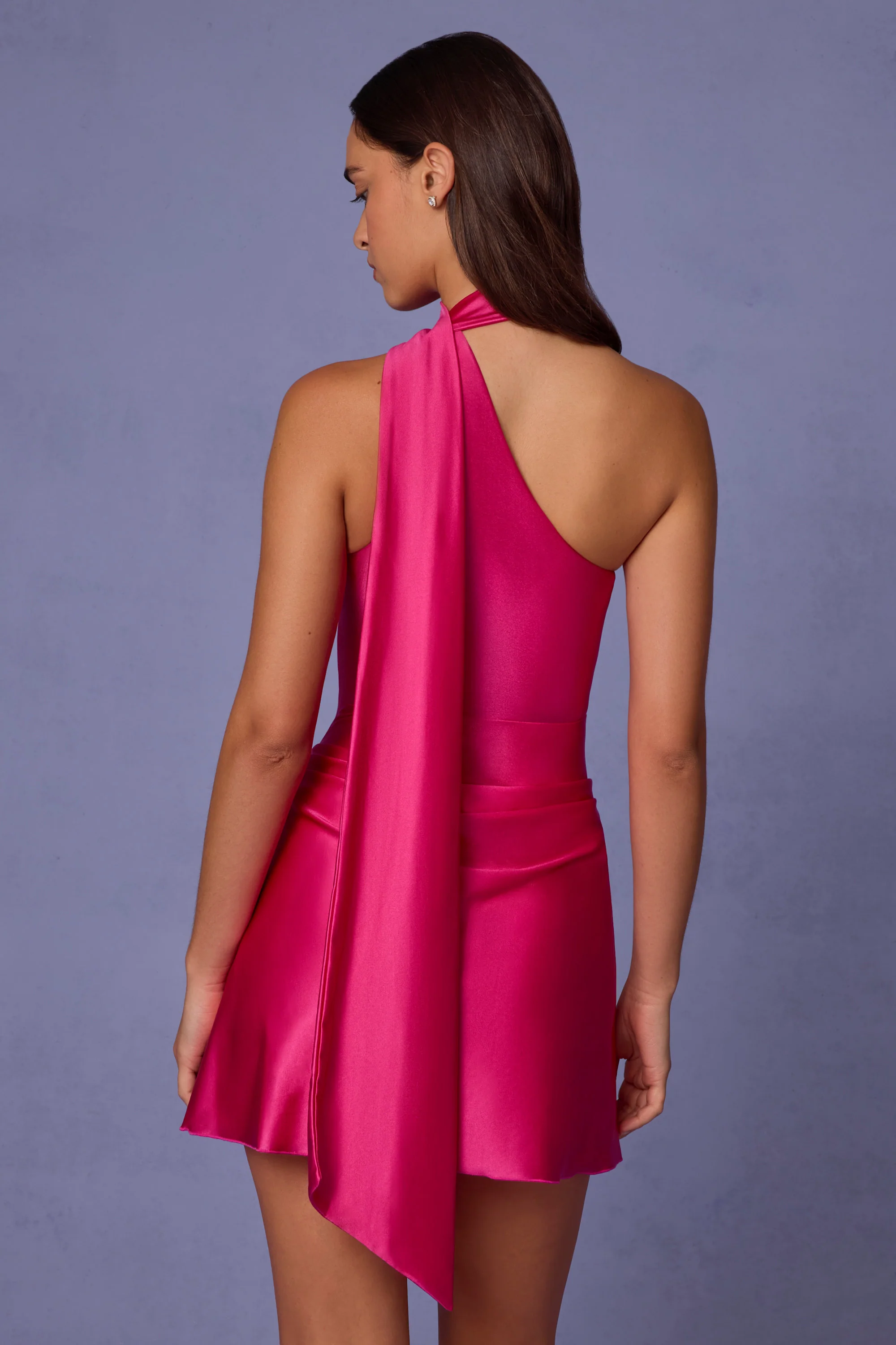 Asymmetric Scarf-Detail Mini Dress in Hot Pink - TREBLEV