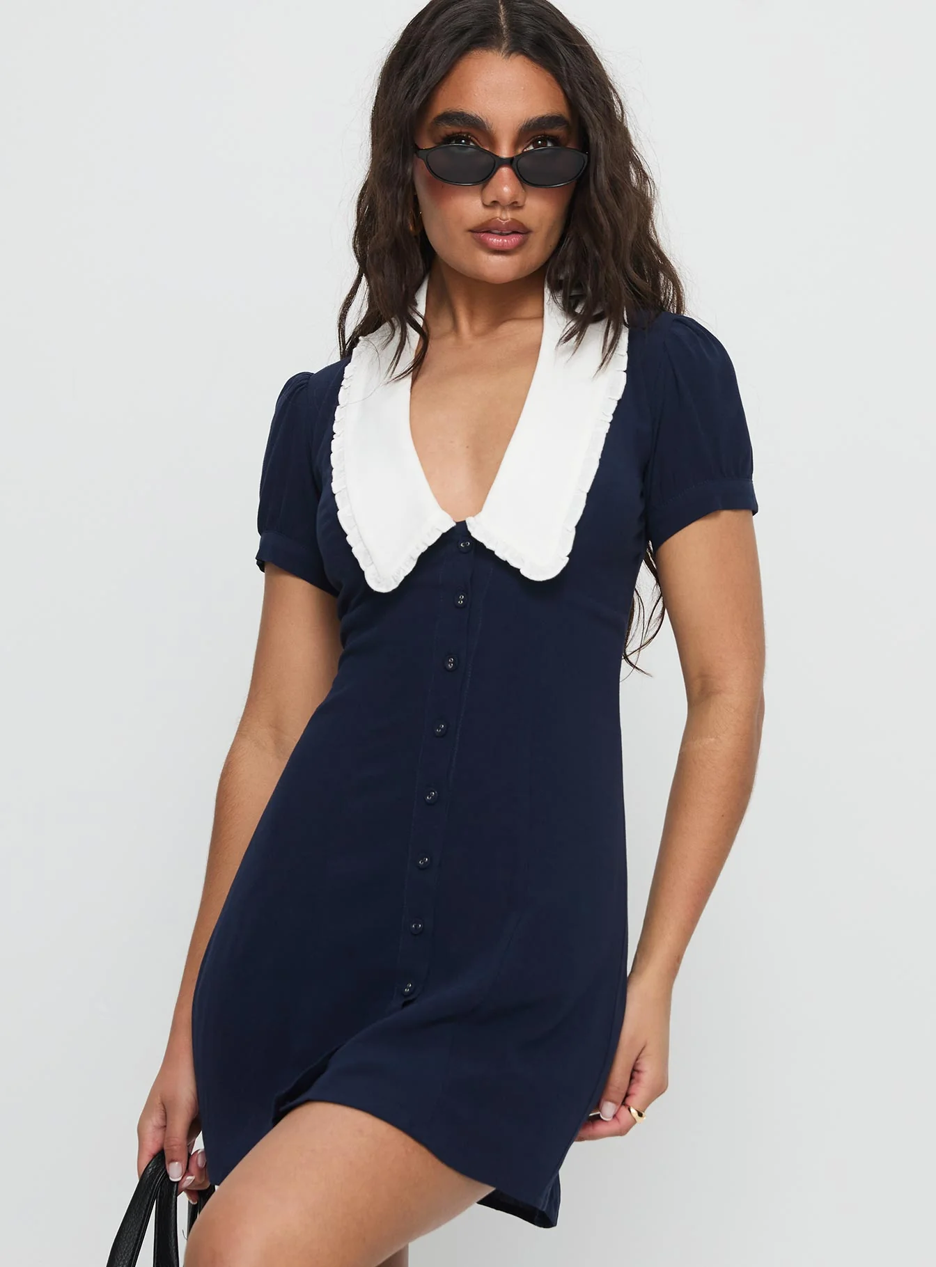 Fabiola Collared Mini Dress Navy - TREBLEV