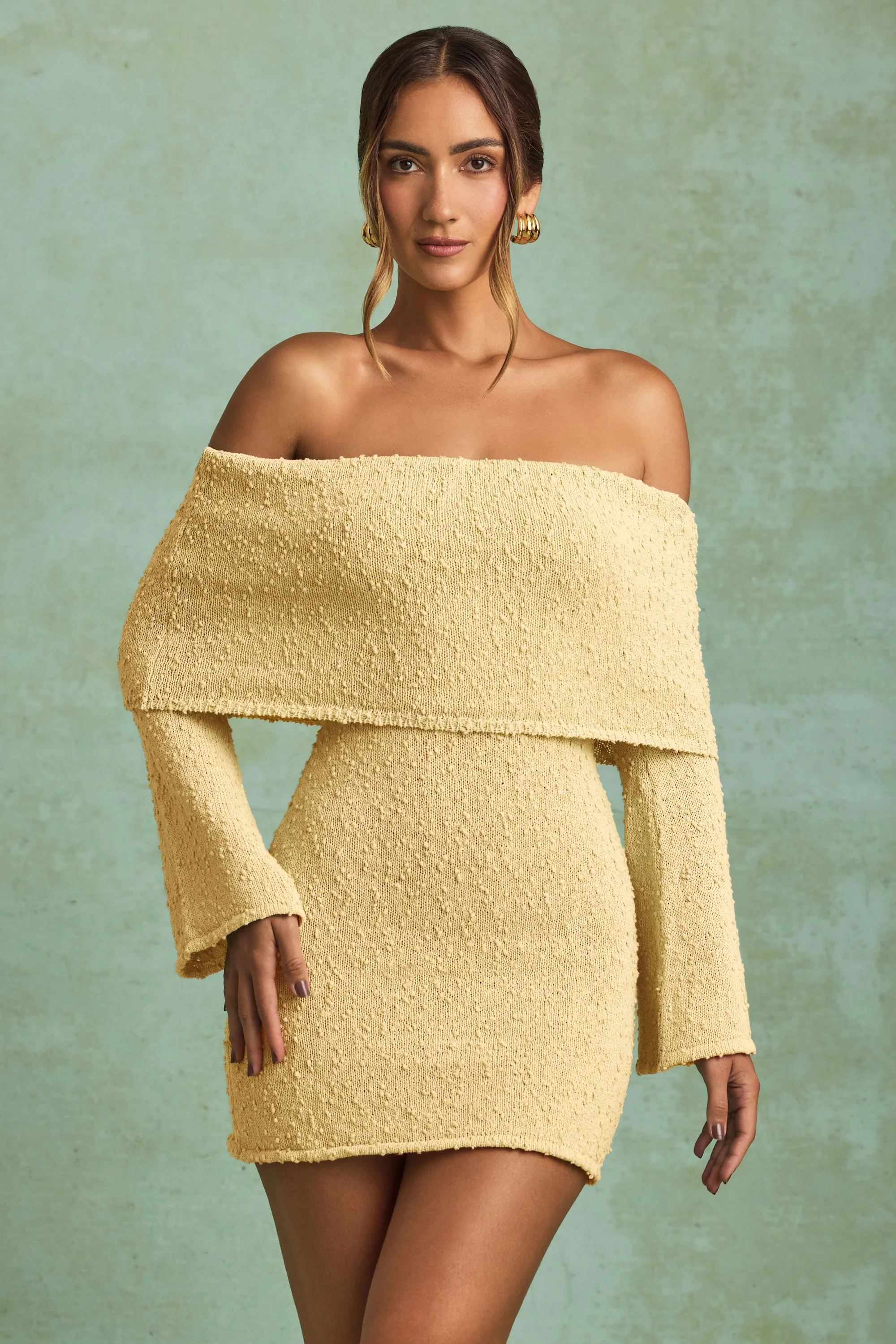 Bouclé Off-Shoulder Mini Dress in Yellow - TREBLEV