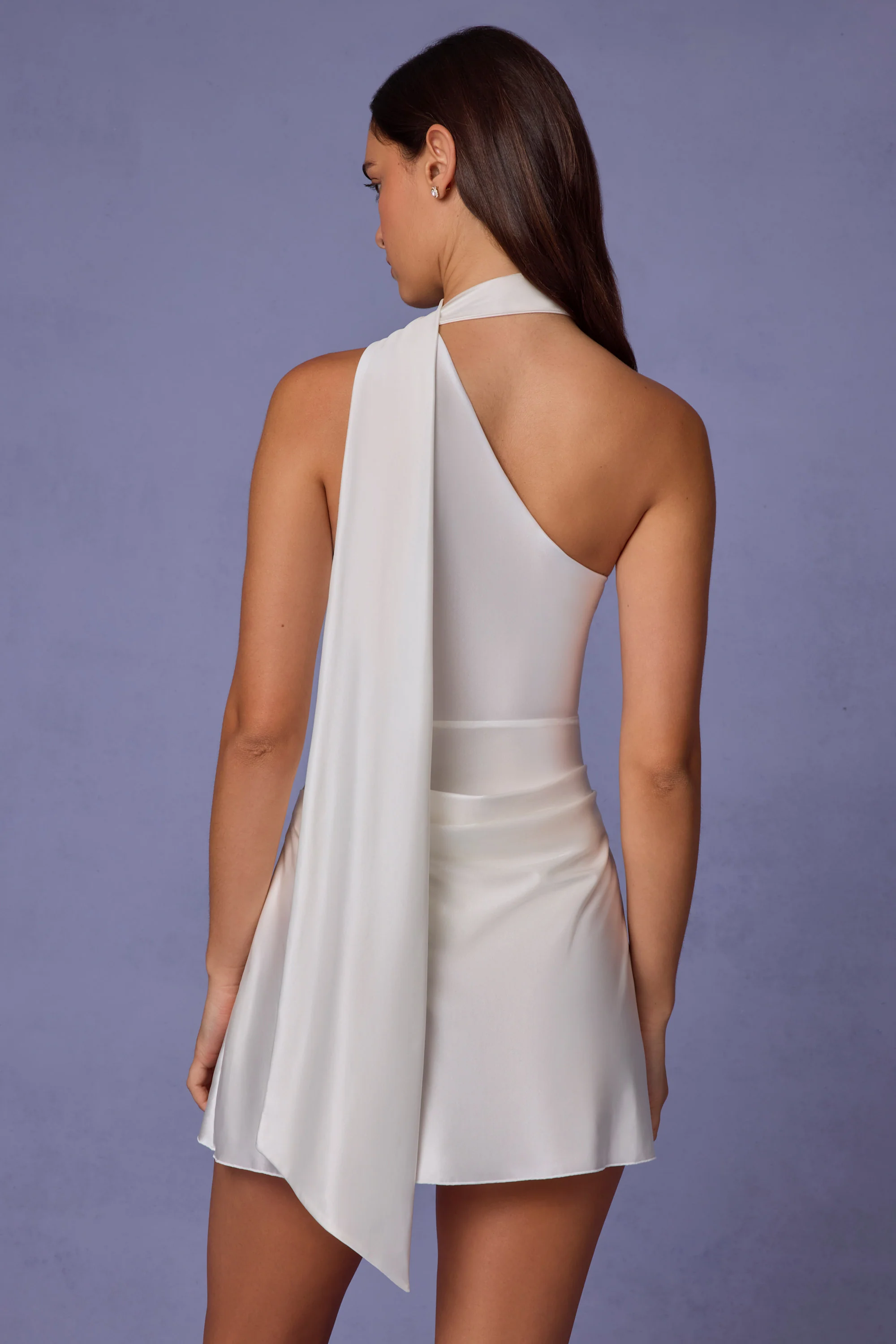 Asymmetric Scarf-Detail Mini Dress in White - TREBLEV