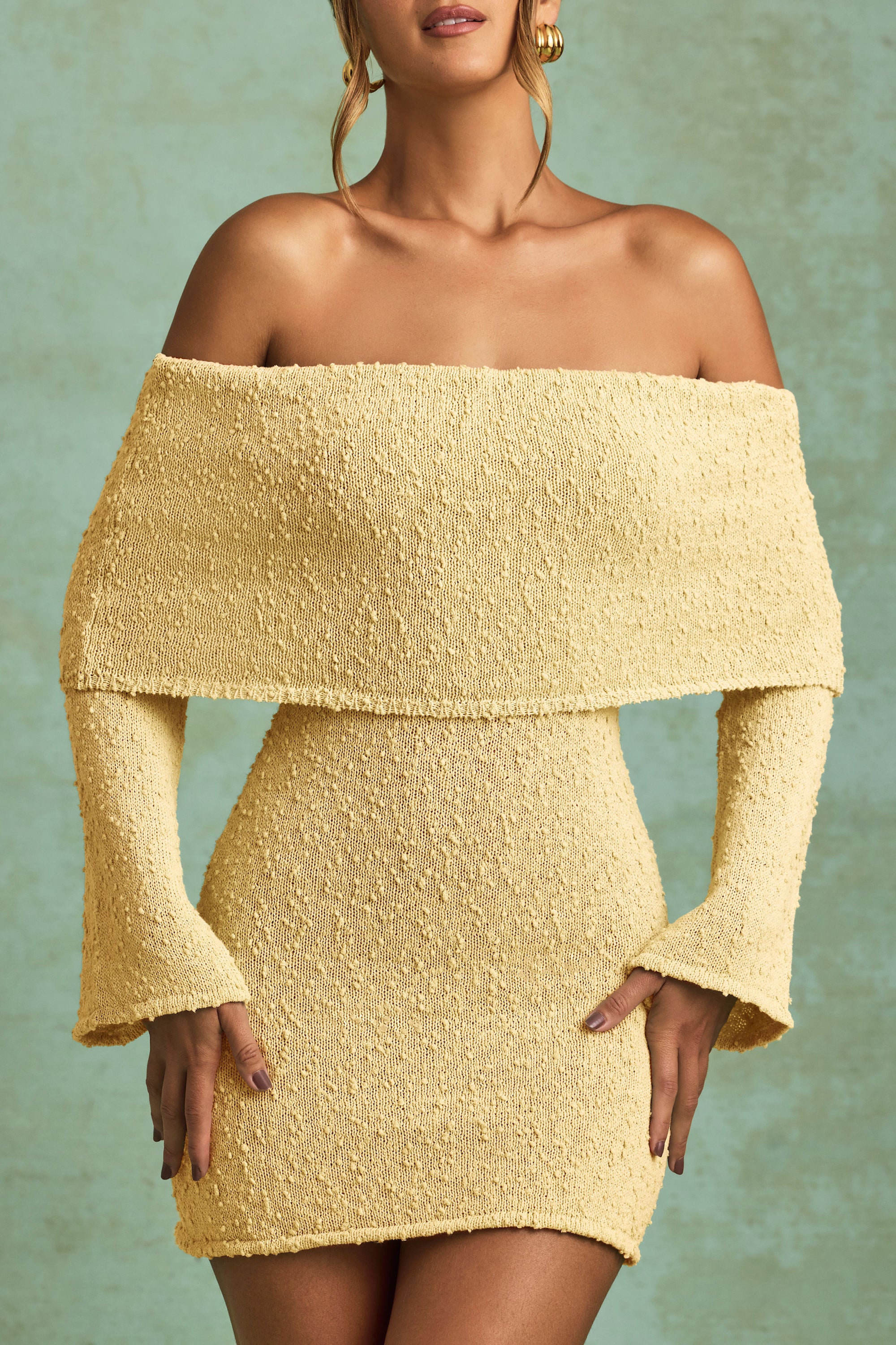 Bouclé Off-Shoulder Mini Dress in Yellow - TREBLEV
