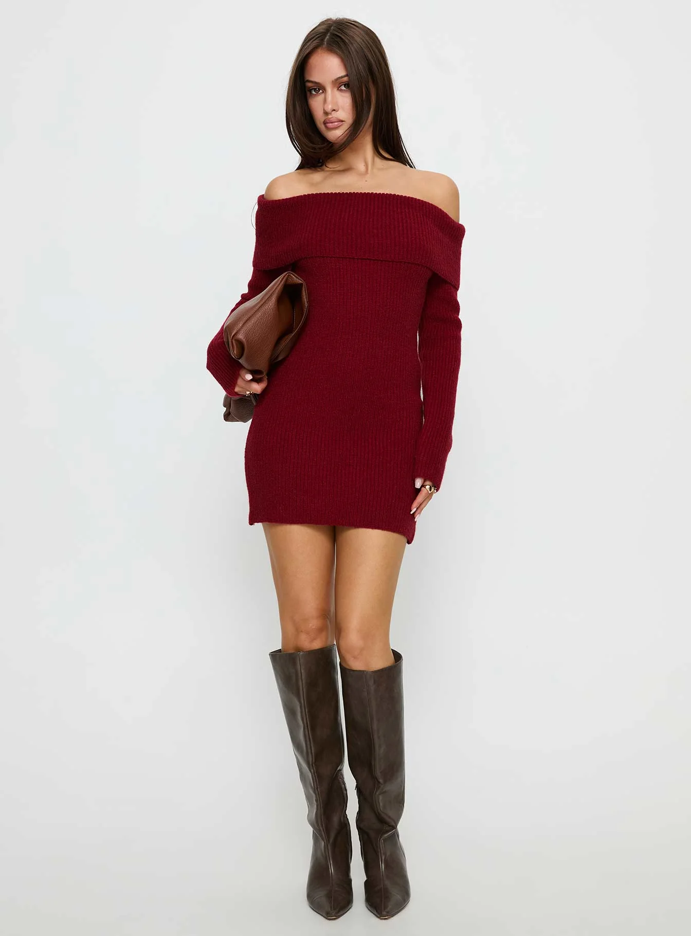 Noriko Long Sleeve Knit Mini Dress Burgundy - TREBLEV