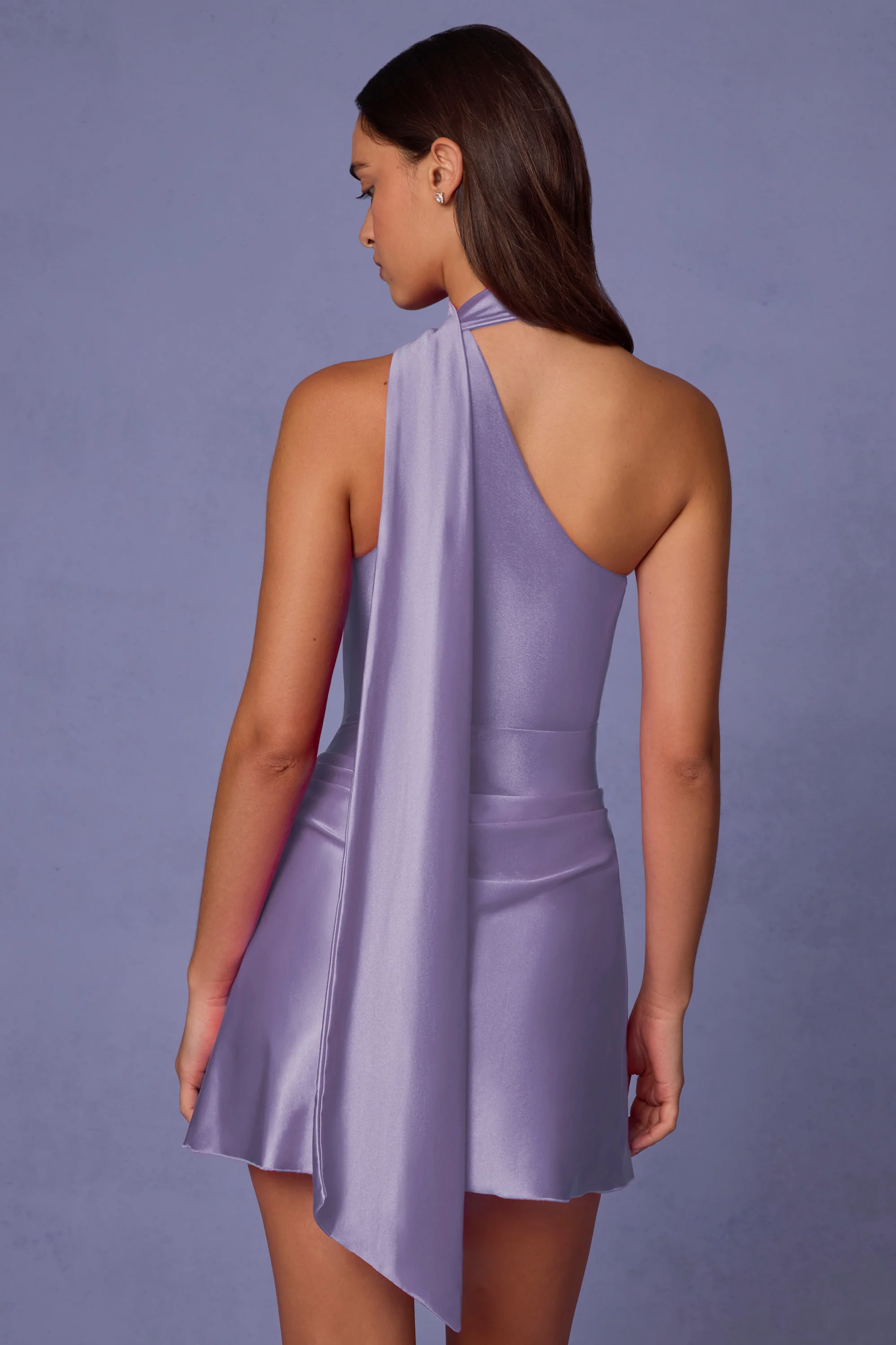 Asymmetric Scarf-Detail Mini Dress in Lilac - TREBLEV