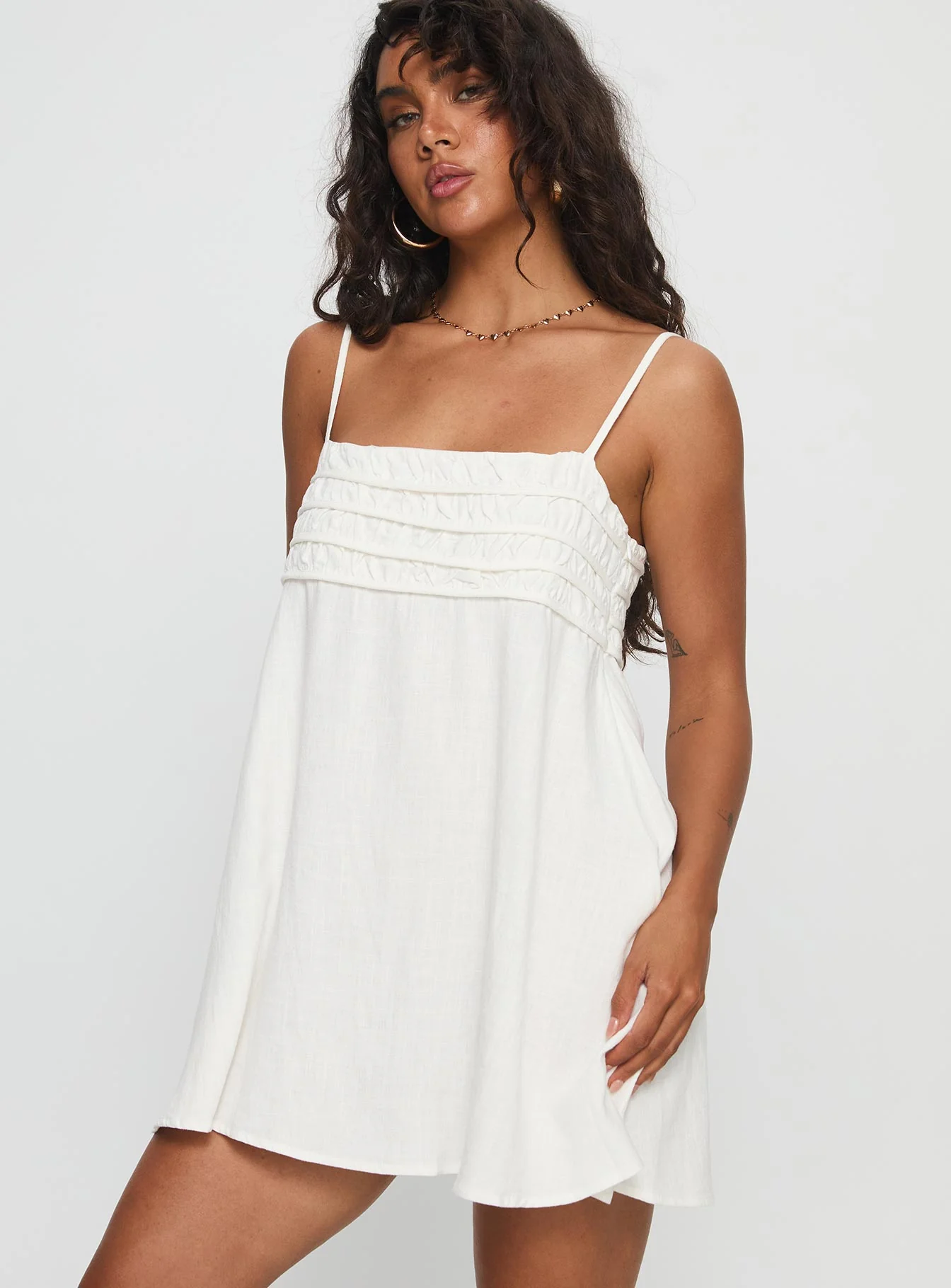 Every Breath Linen Shift Mini Dress White - TREBLEV