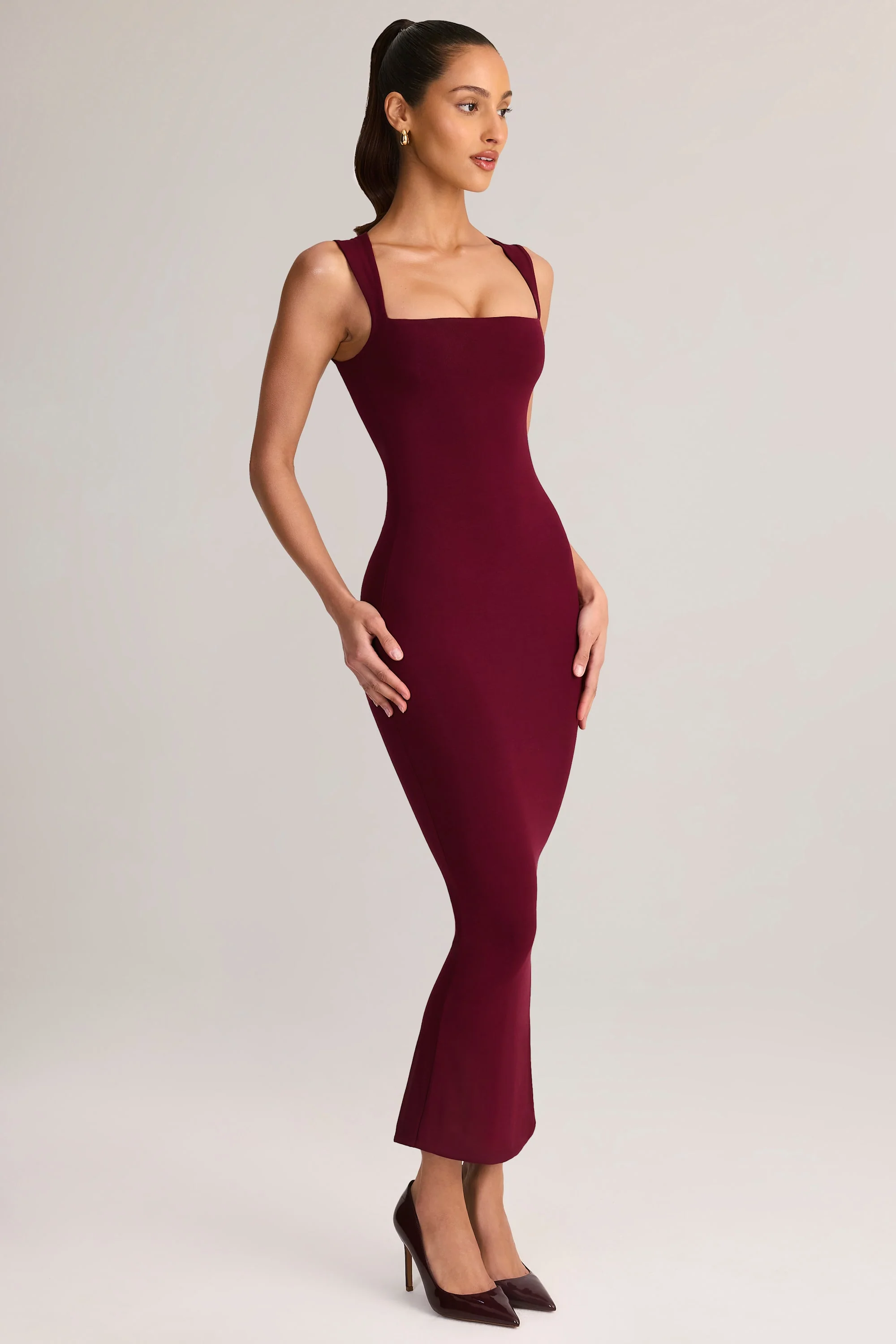 Modal Square-Neck Midi Dress in Wine - TREBLEV