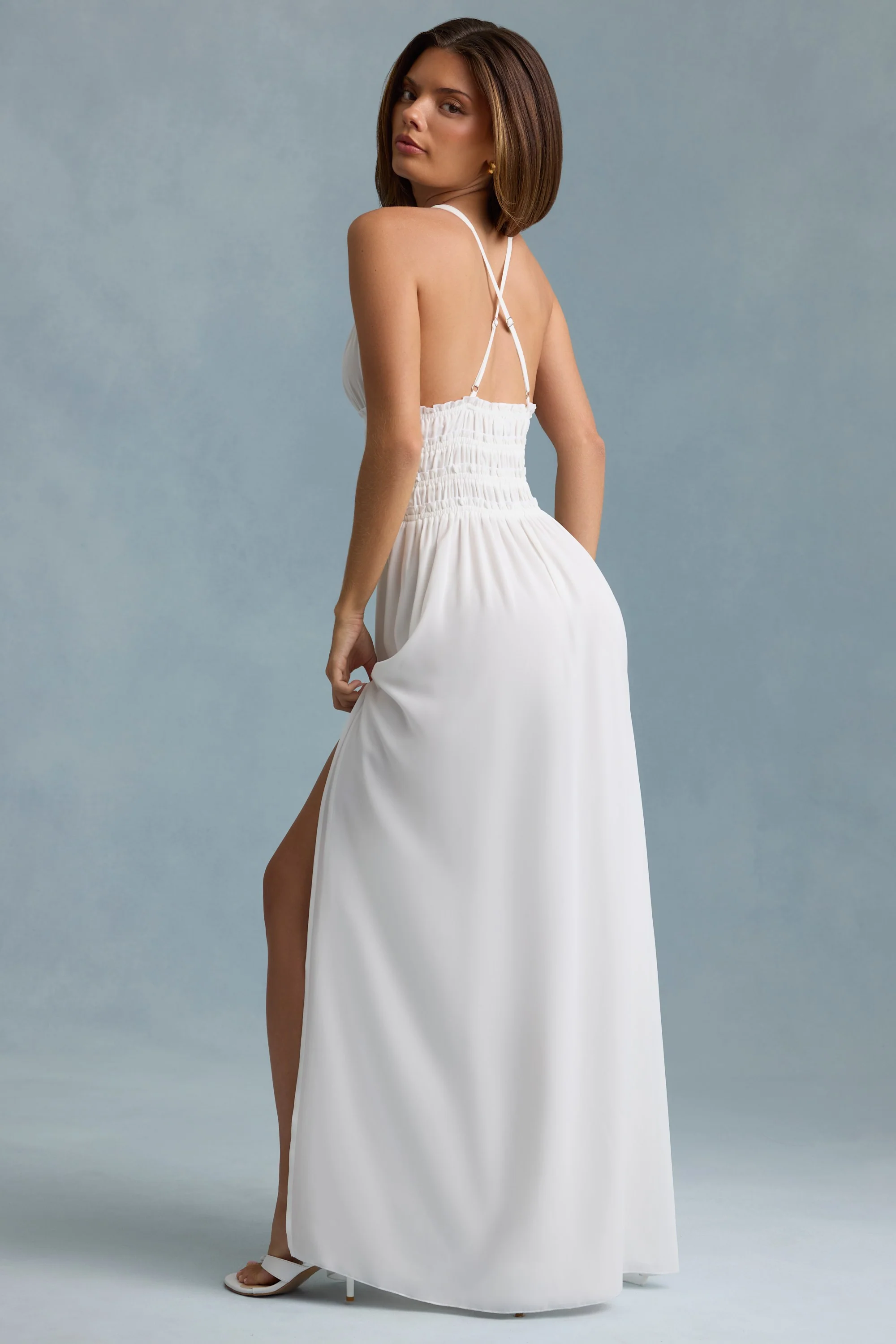 Plunge Cross-Back Maxi Dress in White - TREBLEV