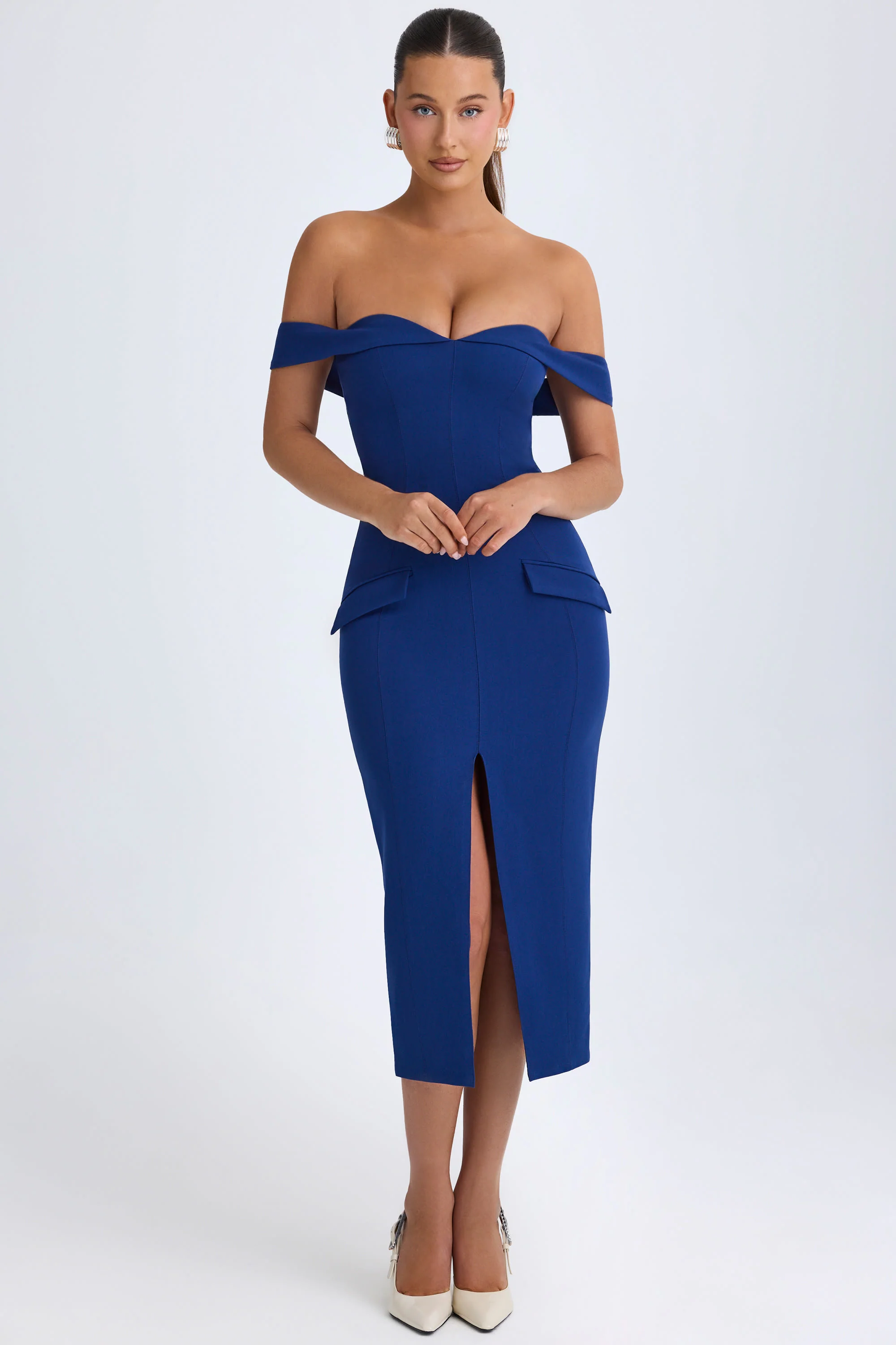 Off-Shoulder Midaxi Dress in True Navy - TREBLEV