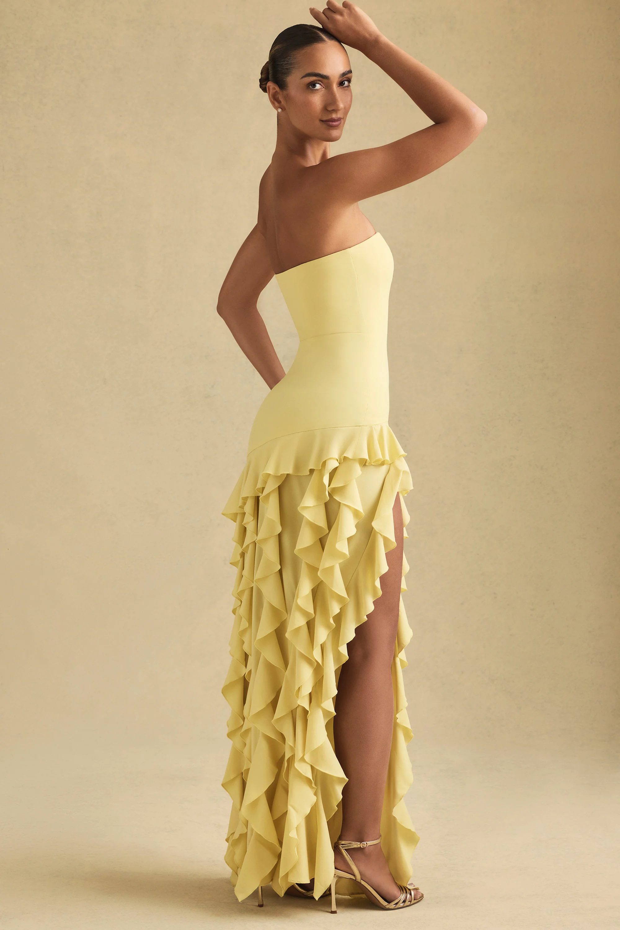 Ruffle-Trim Strapless Gown in Pastel Yellow - TREBLEV