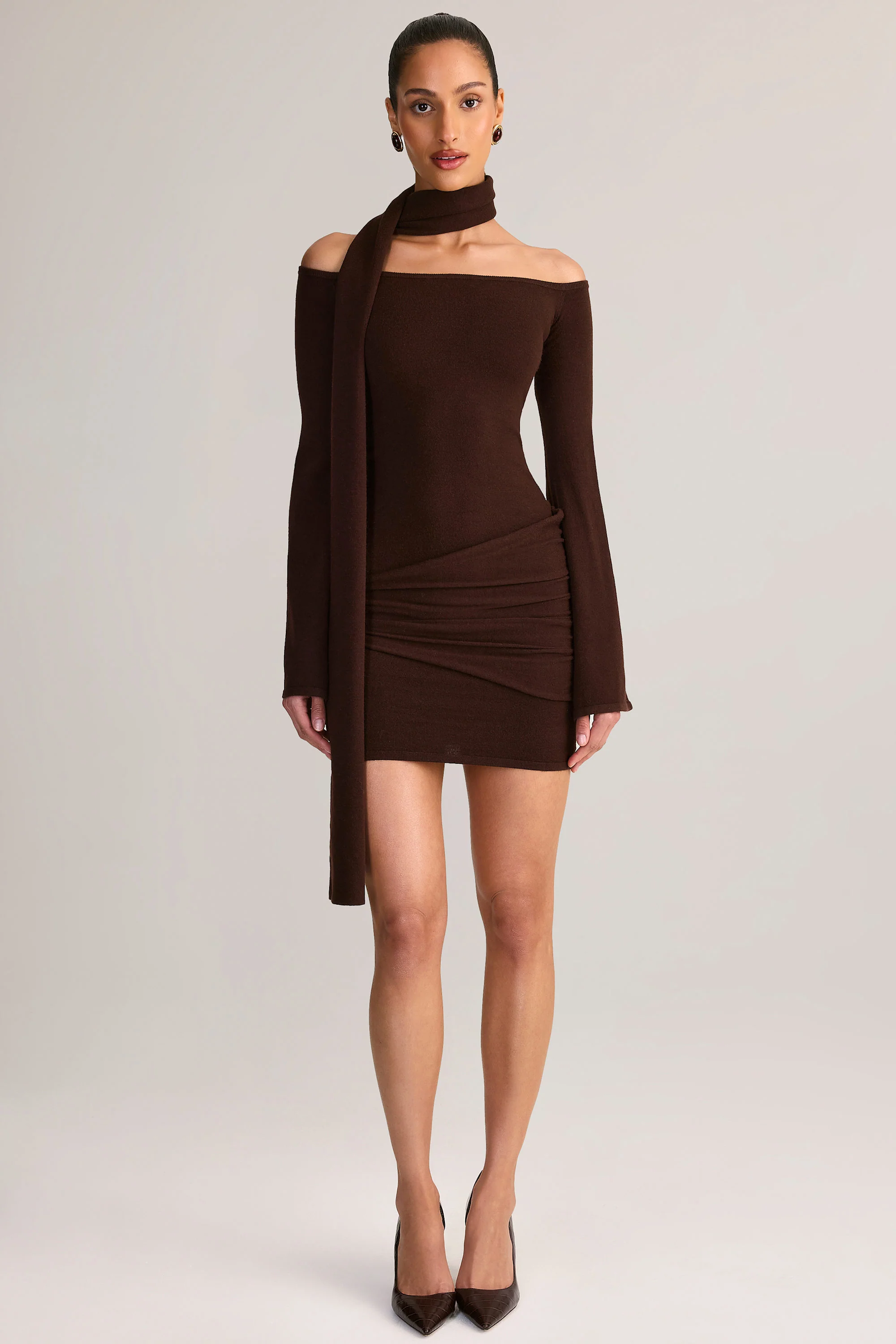 Knit Scarf-Detail Off-Shoulder Mini Dress in Chocolate Brown - TREBLEV