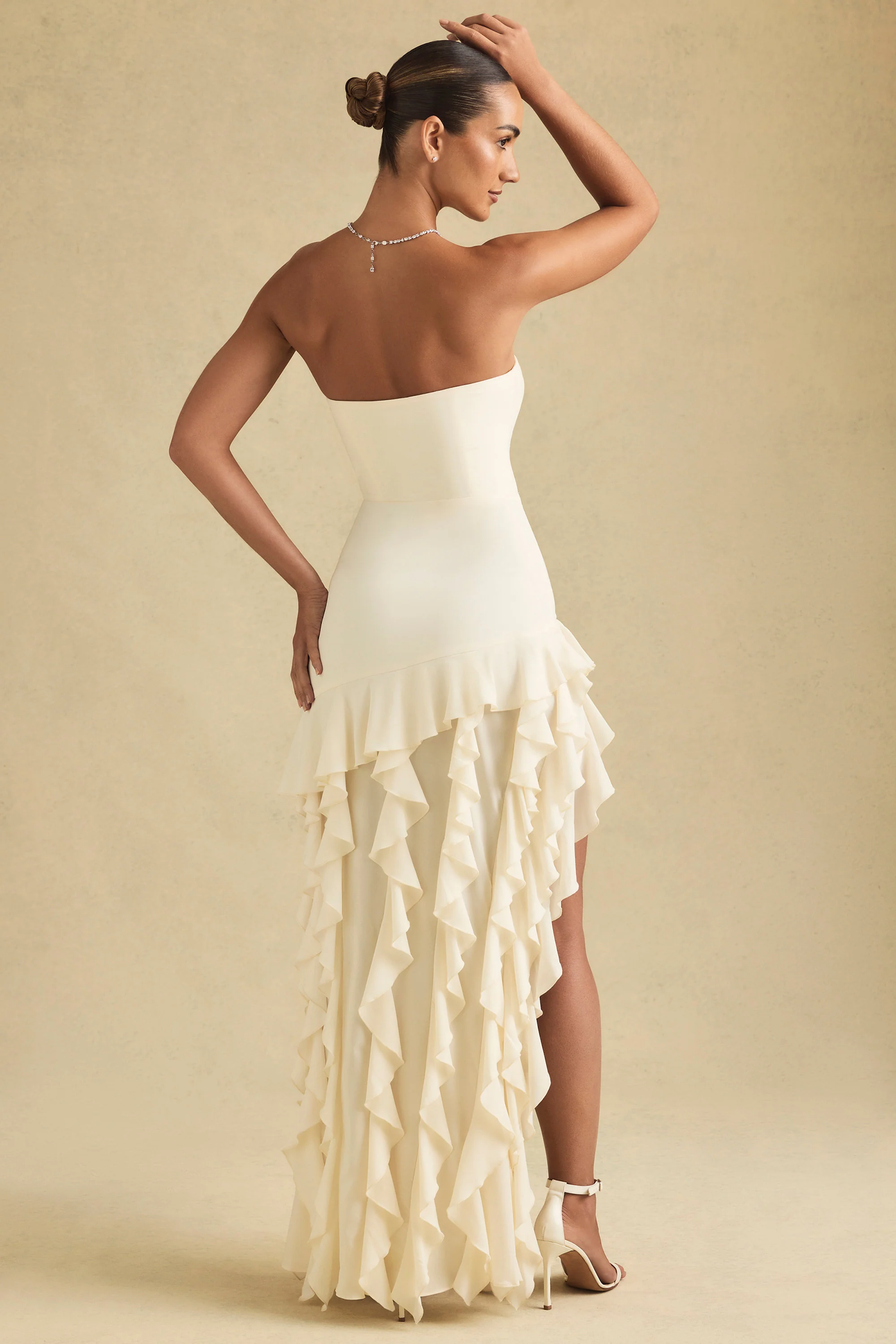 Ruffle-Trim Strapless Gown in Ivory - TREBLEV