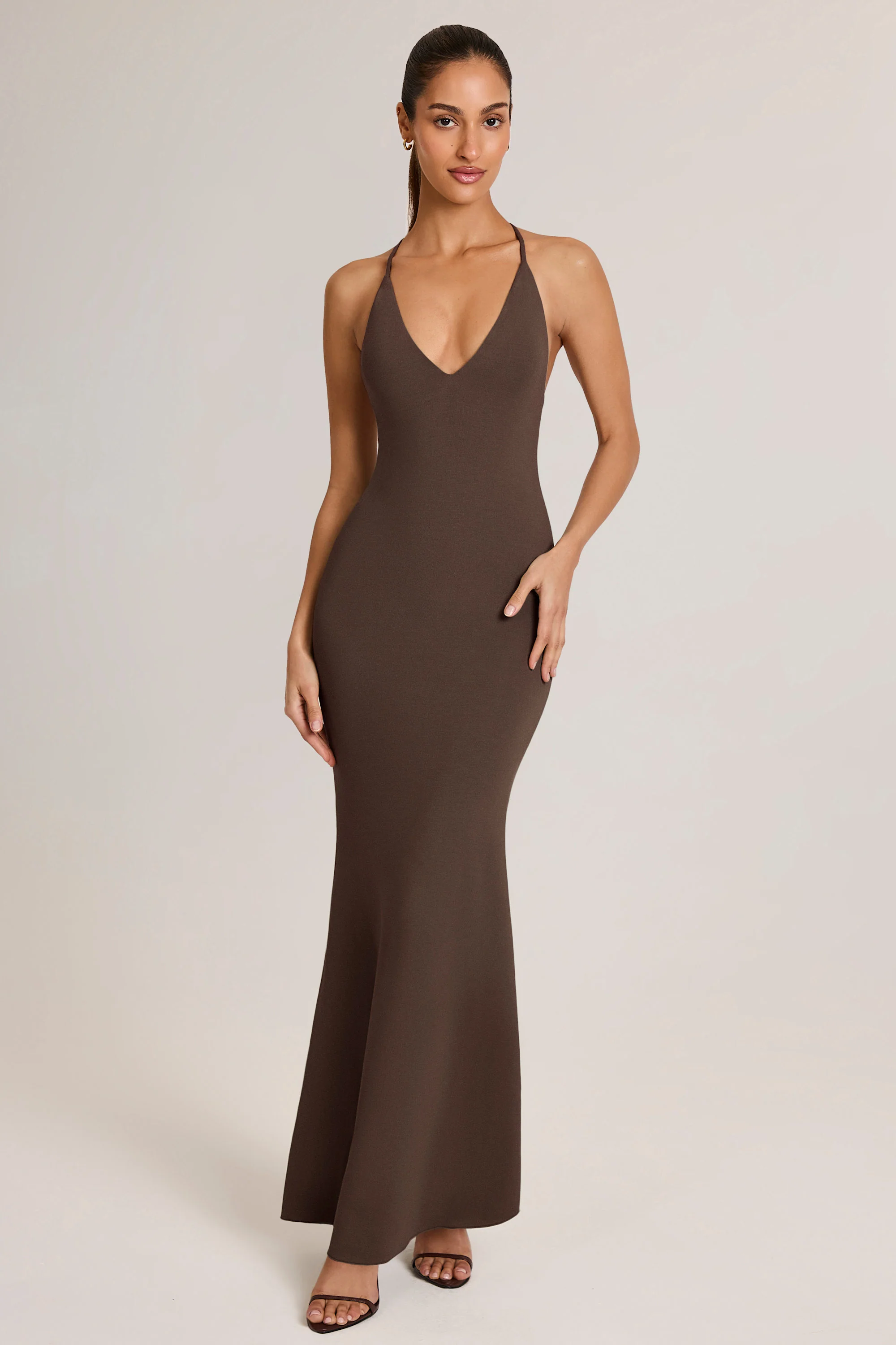 Modal Plunge Backless Maxi Dress in Chocolate Brown - TREBLEV