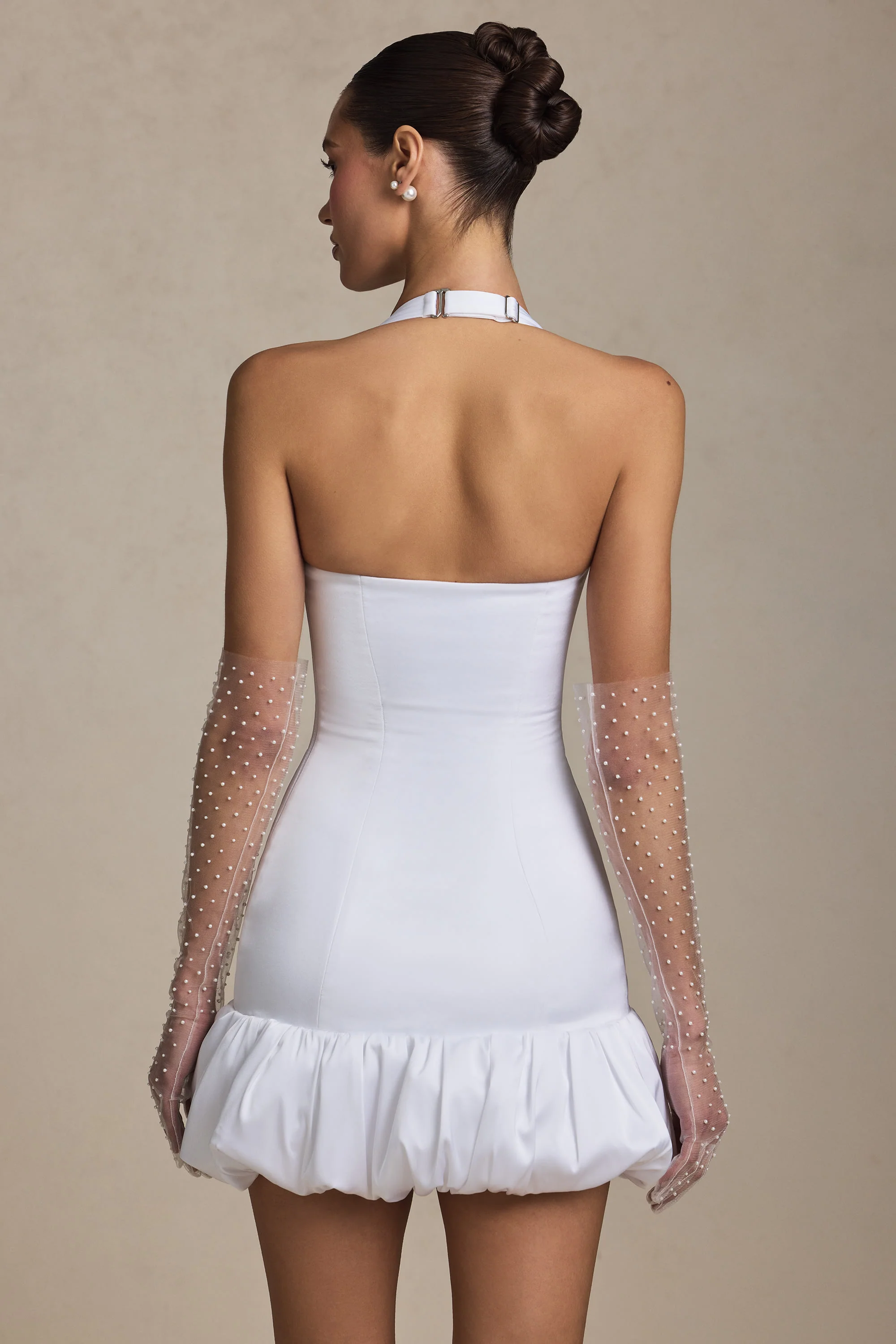 Bow-Detail Halterneck Bubble Hem Mini Dress in White - TREBLEV