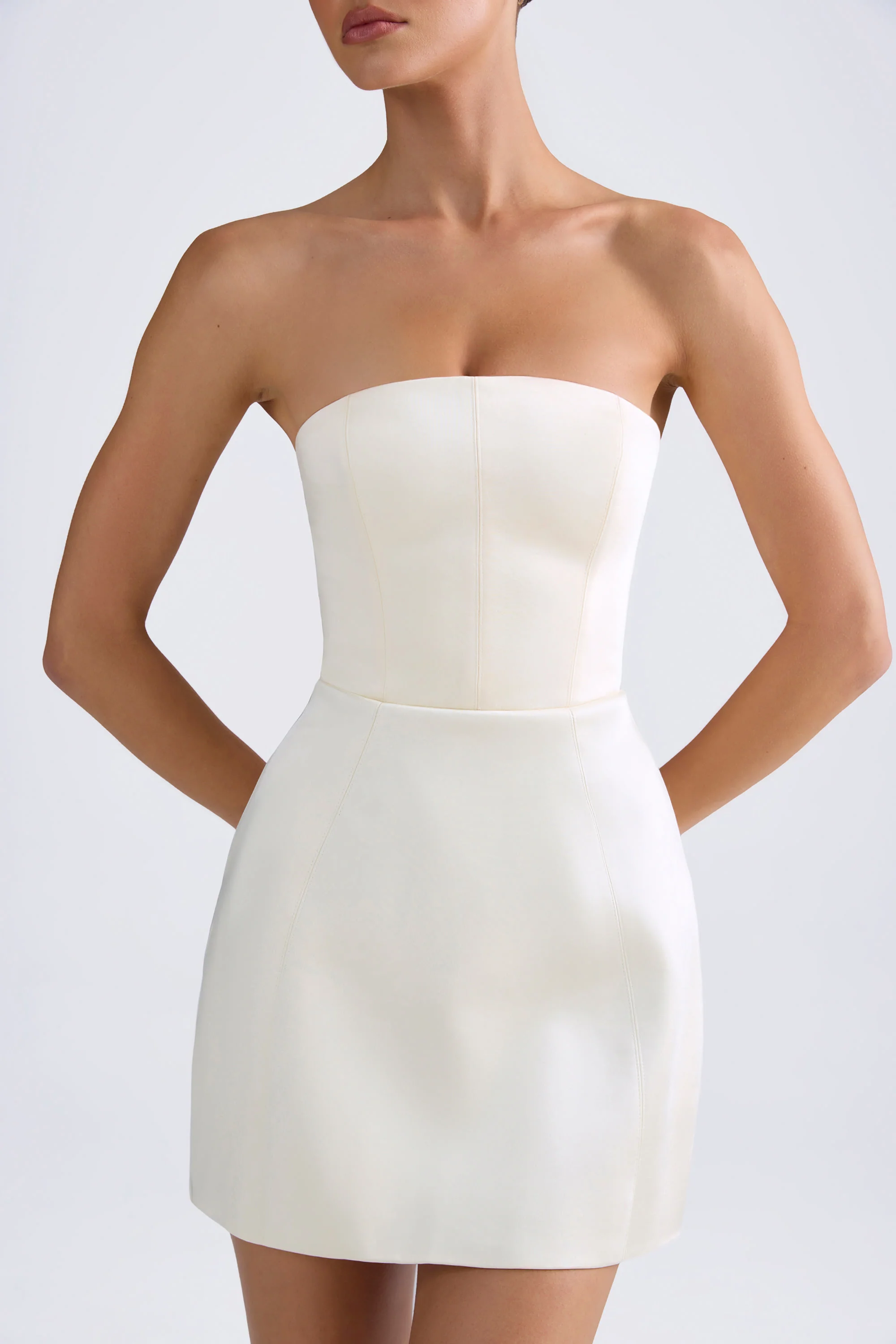 Bandeau Structured Tulip Mini Dress in Ivory - TREBLEV