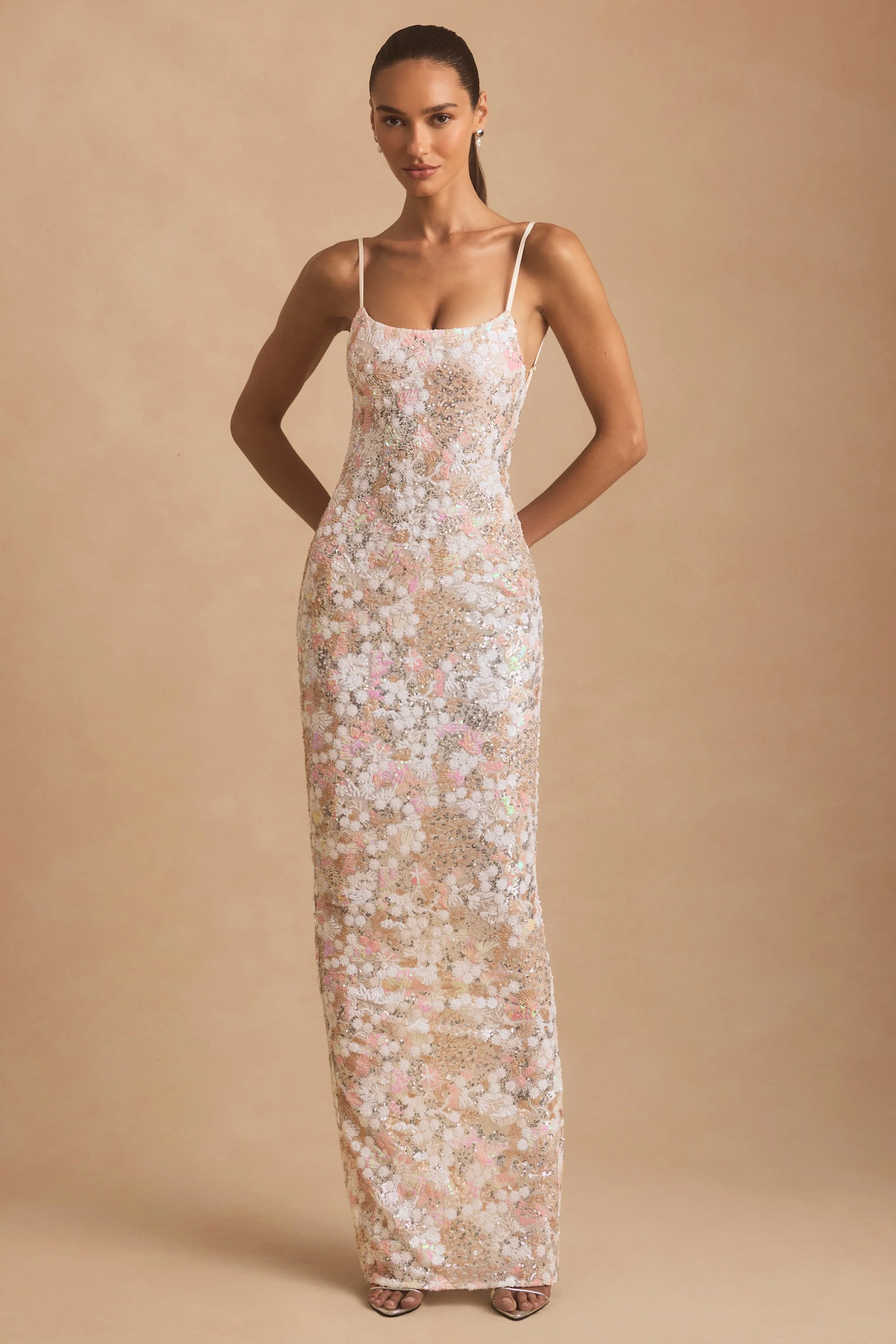 Embellished Scoop-Neck Backless Maxi Dress in Ivory - TREBLEV