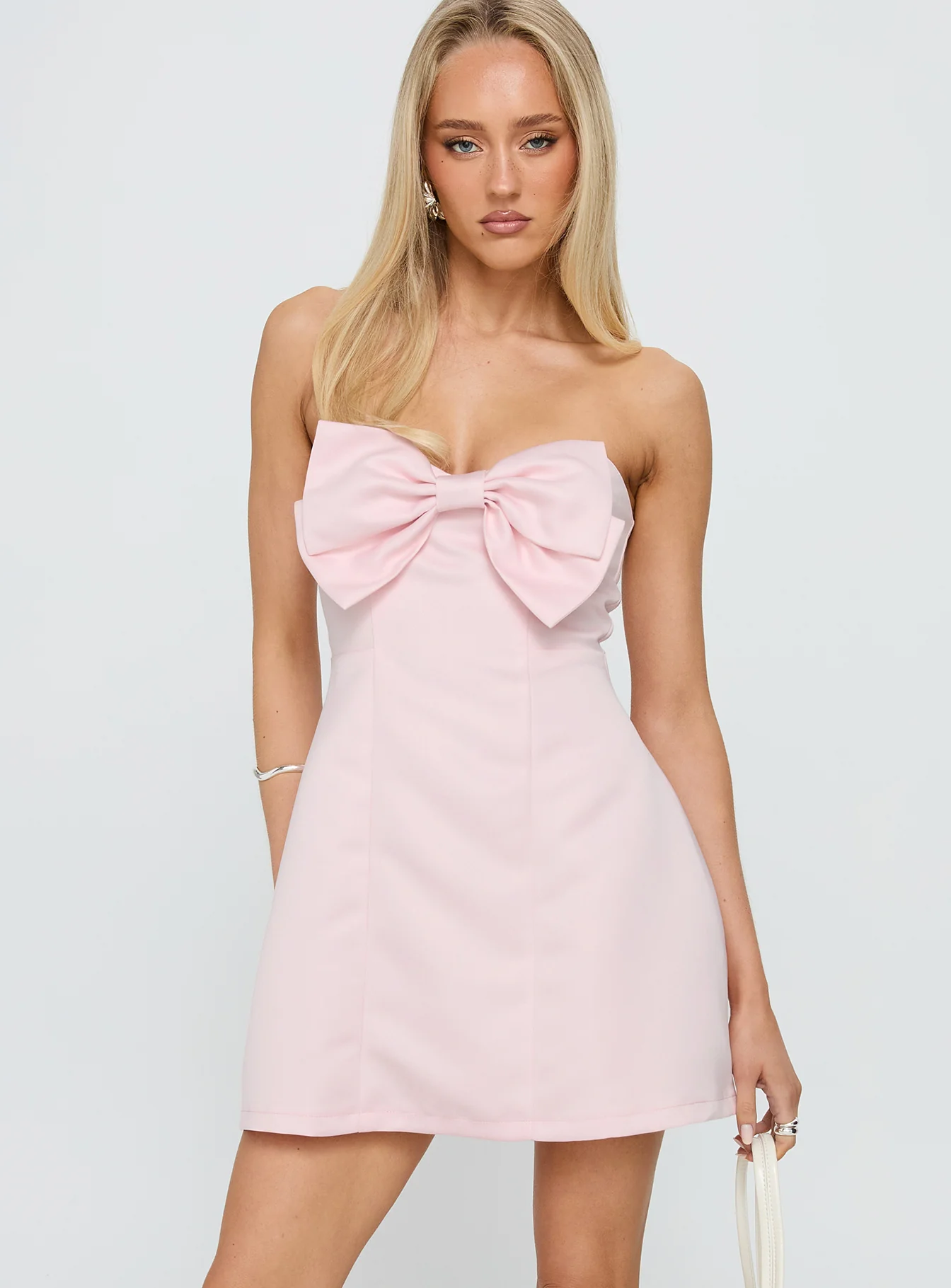 Genevie Strapless Bow Bust Mini Dress Light Pink - TREBLEV