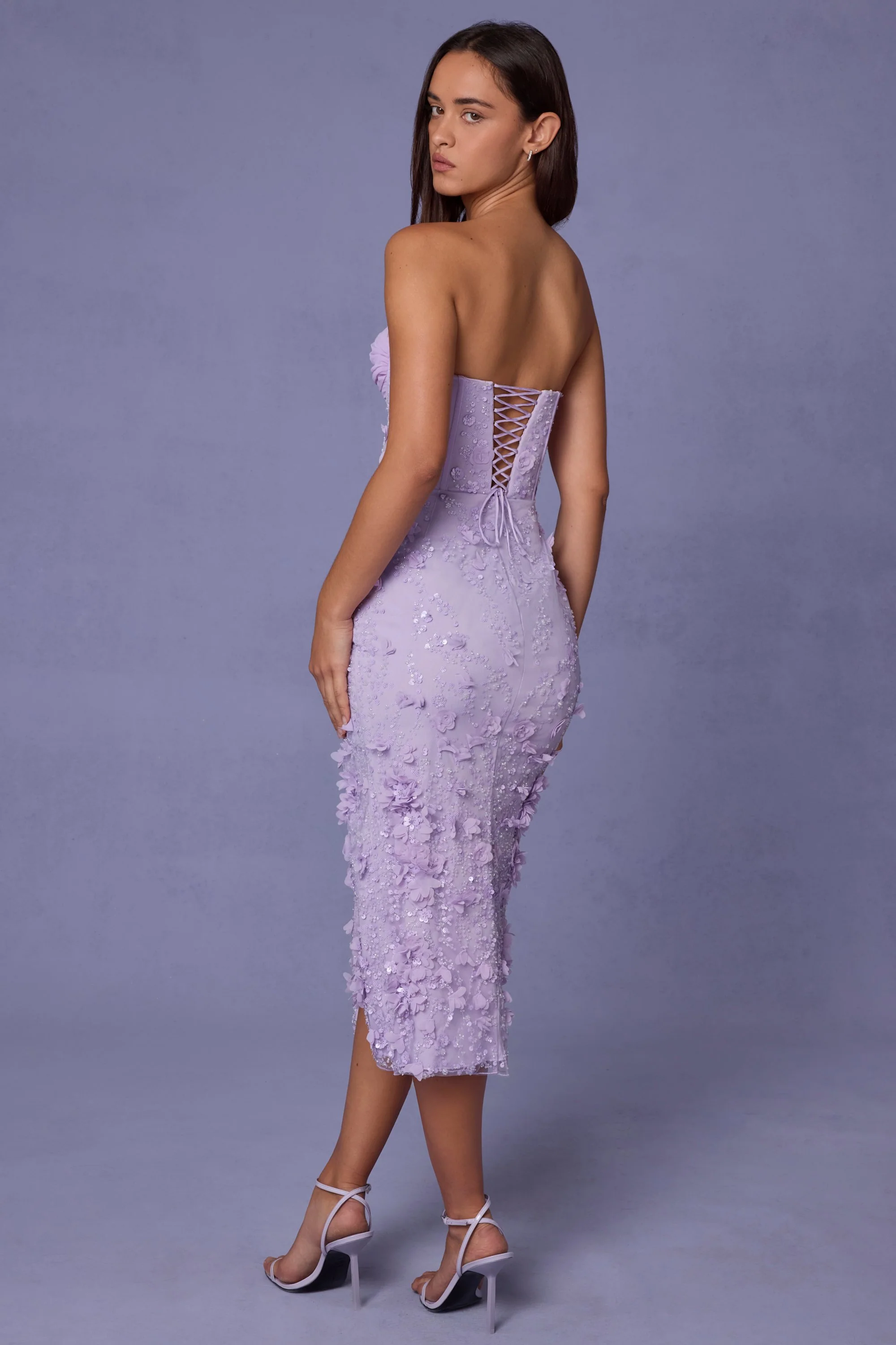 Lace-Up Corset Midaxi Dress with Split in Lilac - TREBLEV