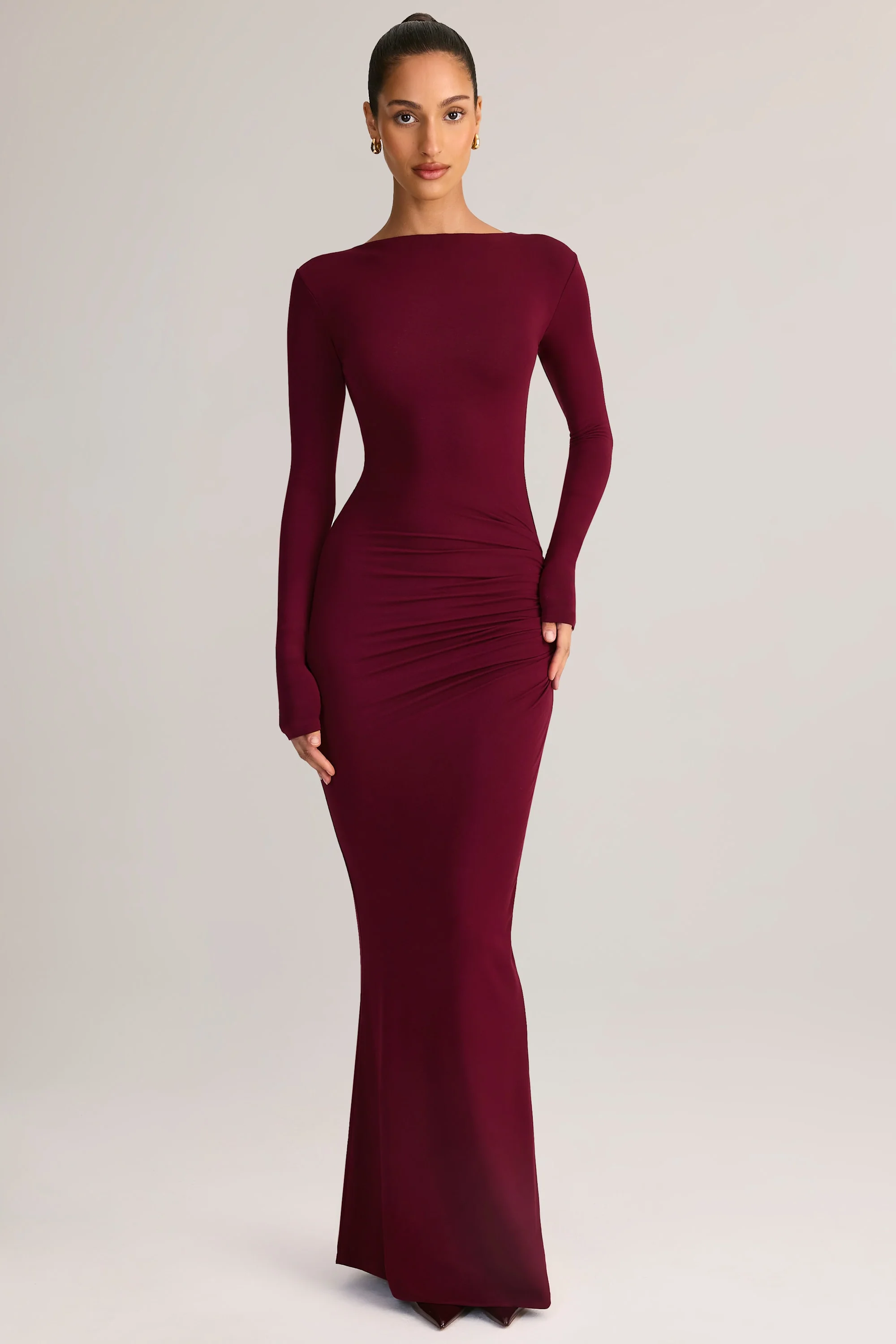 Modal Ruched Backless Maxi Dress in Wine - TREBLEV