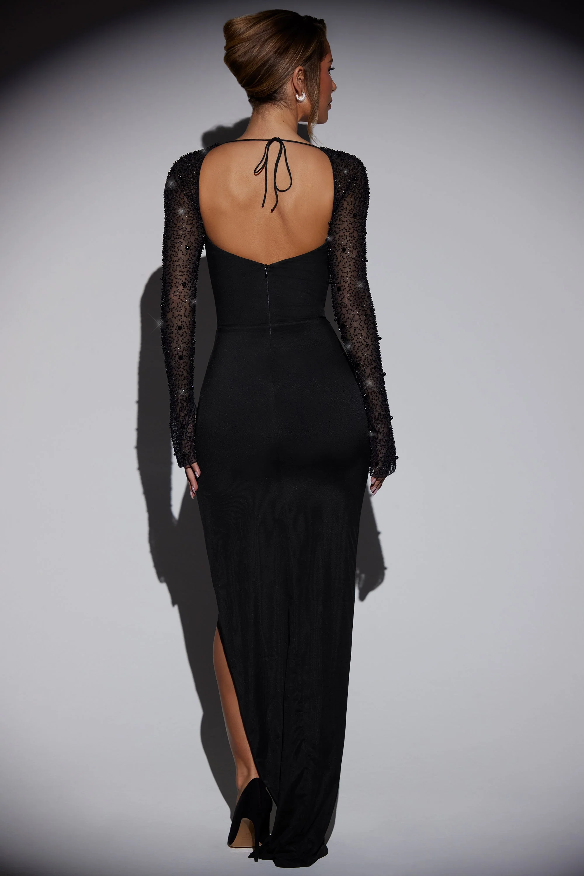 Embellished Side Split Maxi Dress in Black - TREBLEV