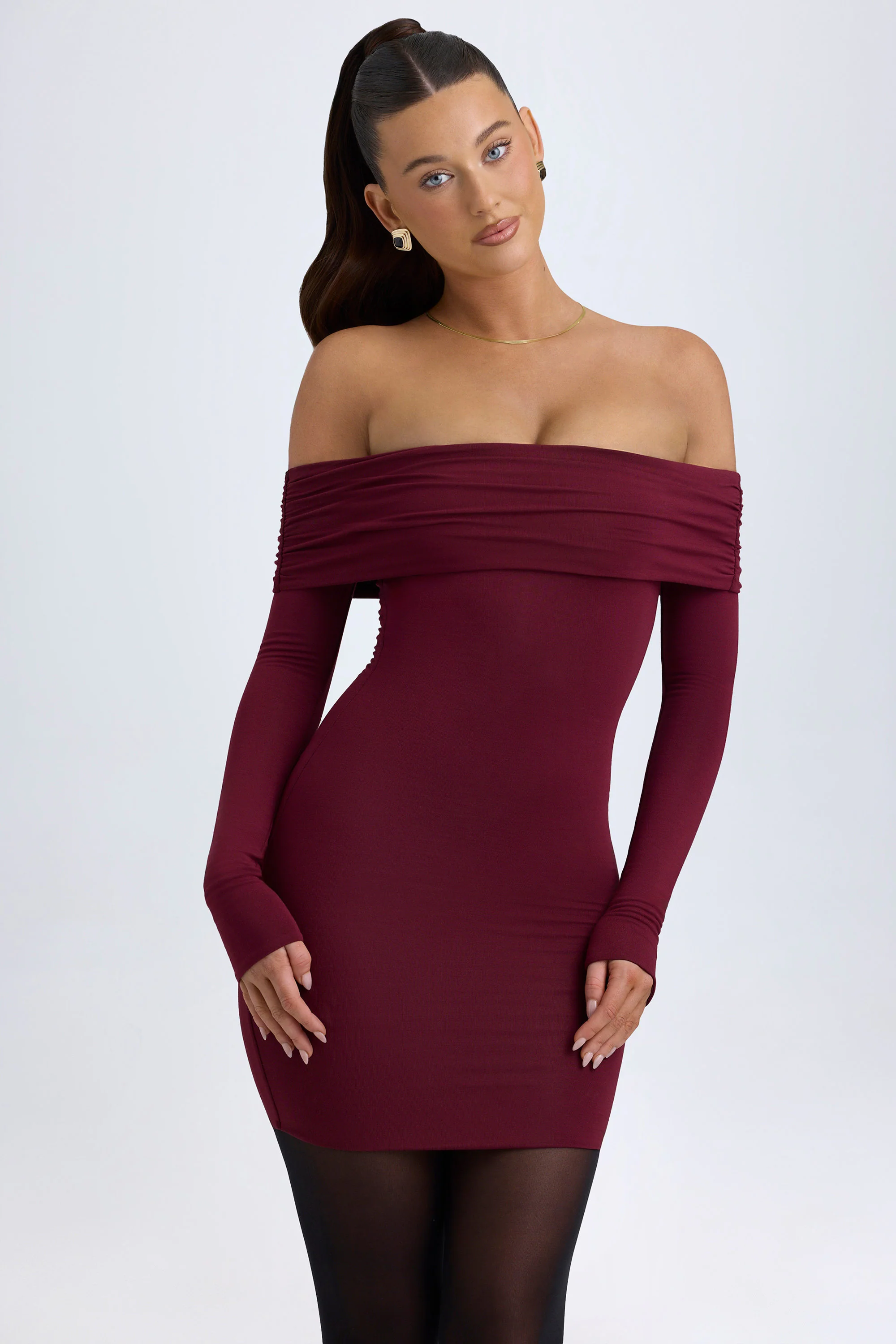 Modal Off-Shoulder Mini Dress in Wine Red - TREBLEV