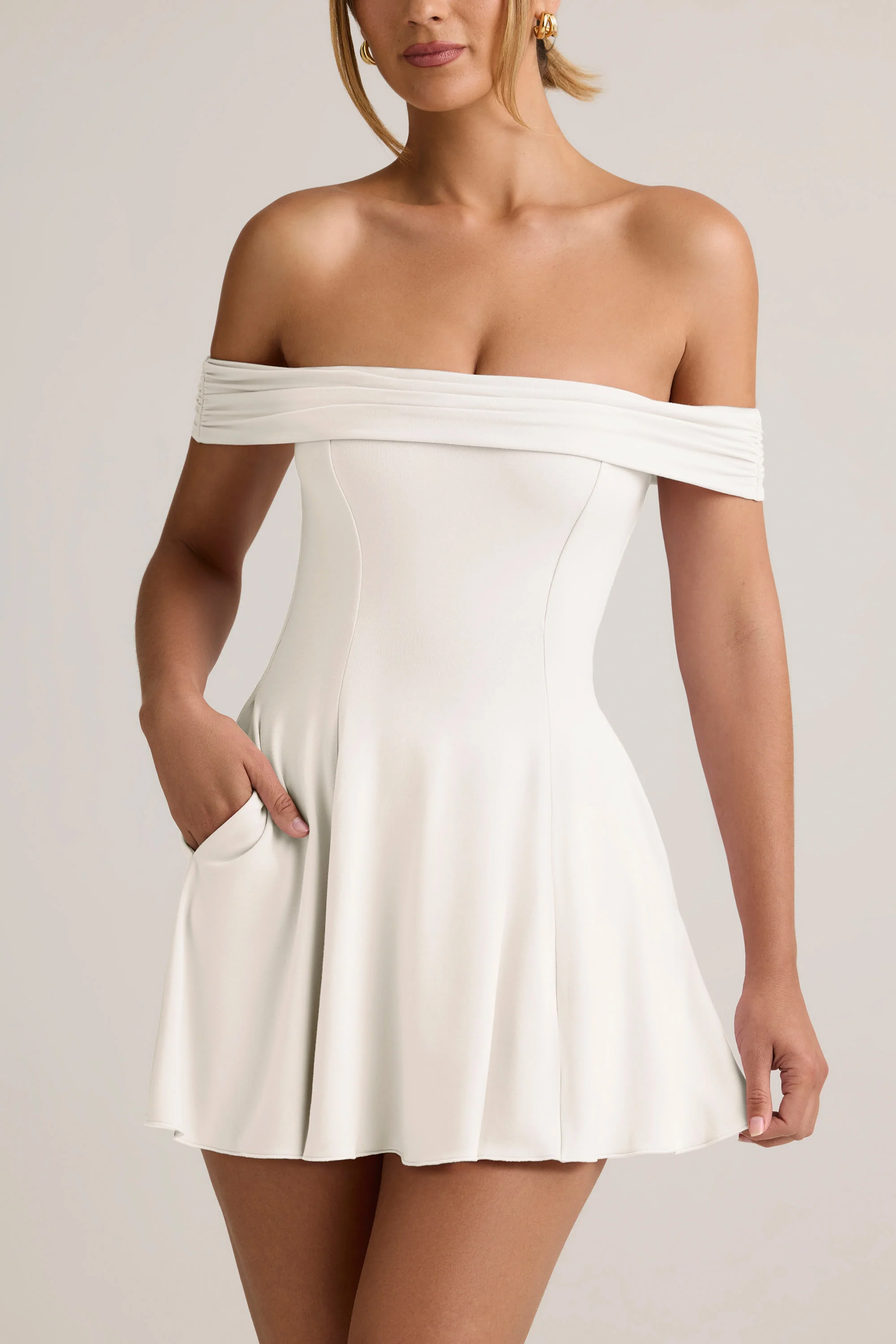 Modal Off-Shoulder A-Line Mini Dress in White - TREBLEV