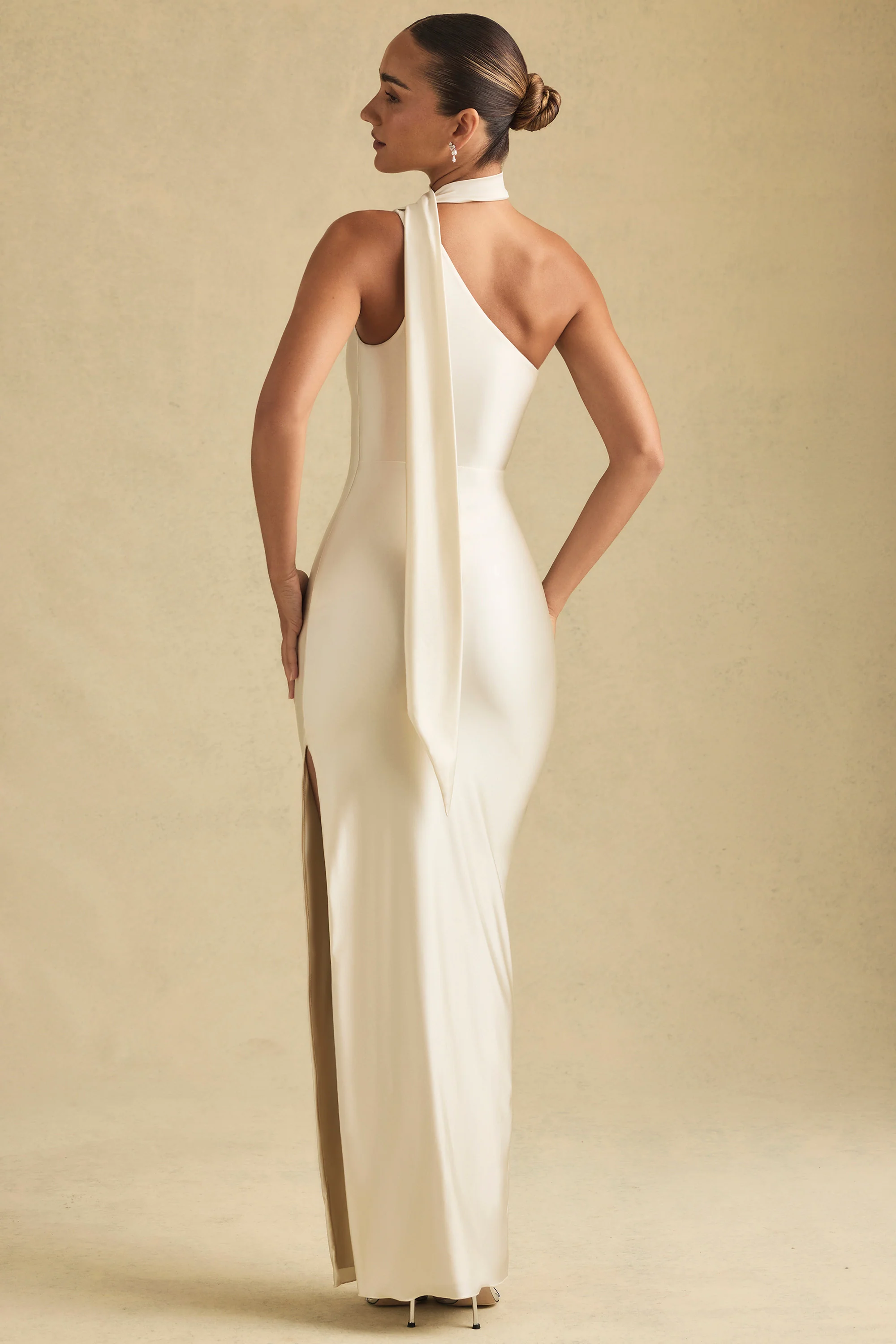 Asymmetric Scarf-Detail Maxi Dress in Ivory - TREBLEV