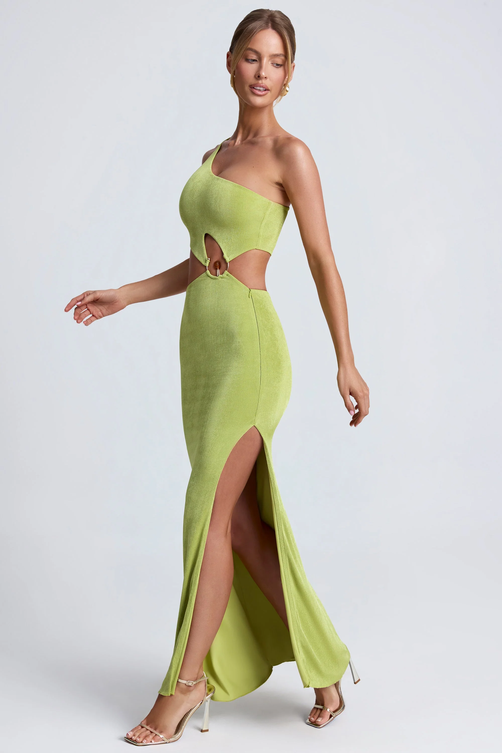 Hardware Detail One-Shoulder Maxi Dress in Olive Green - TREBLEV
