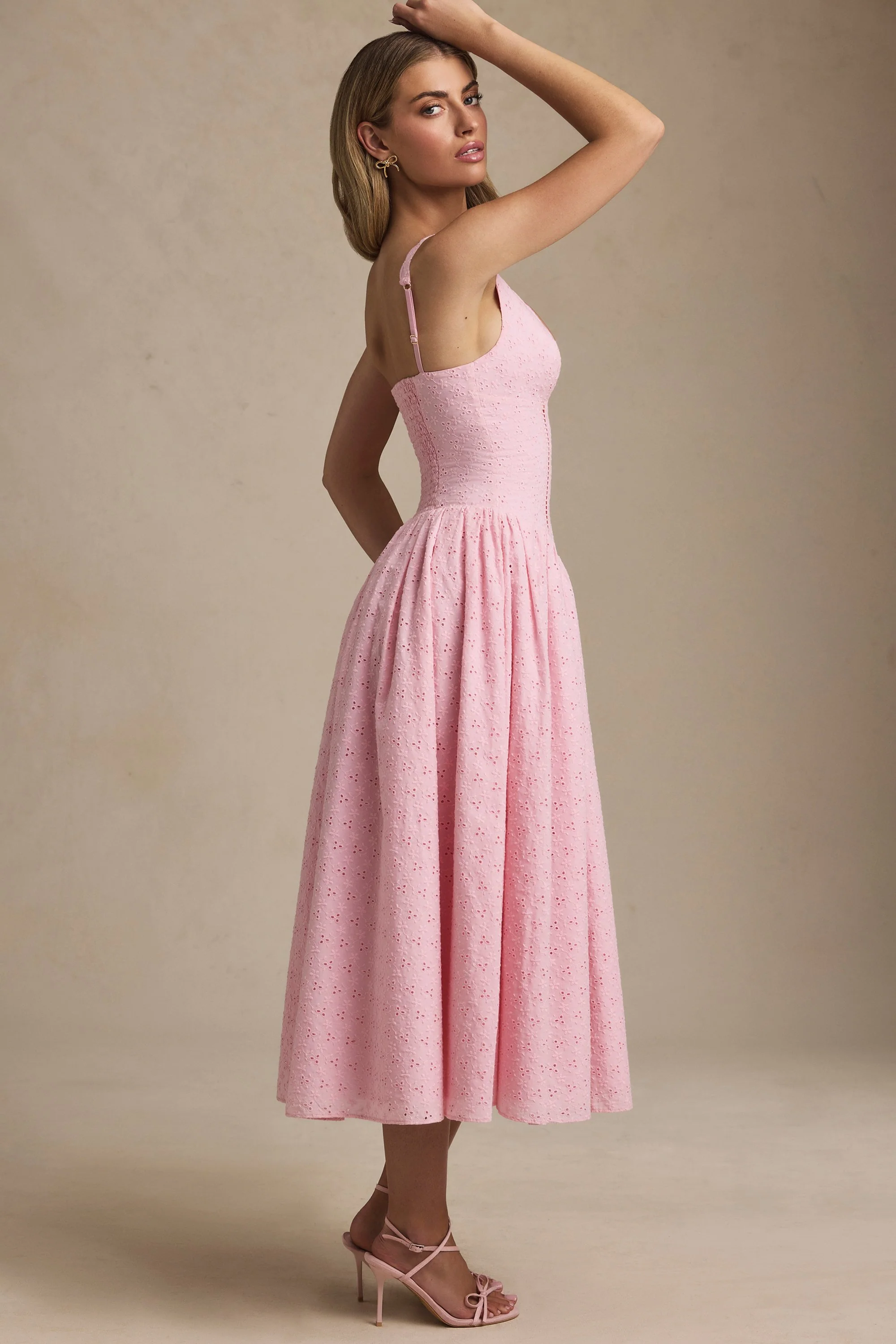 Broderie Anglaise Bow-Detail A-Line Midaxi Dress in Soft Pink - TREBLEV