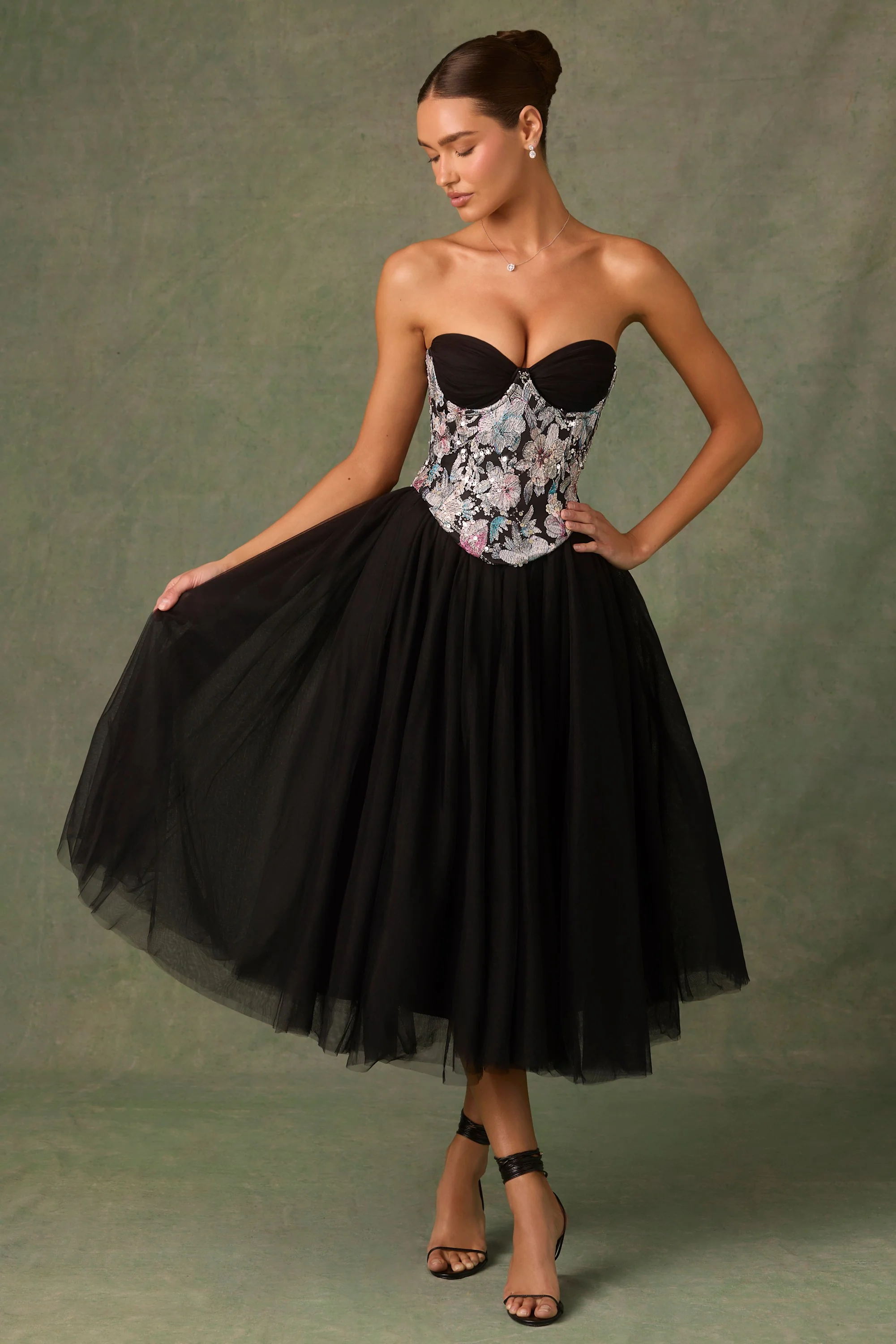 Tulle Corset Midaxi Dress in Black - TREBLEV