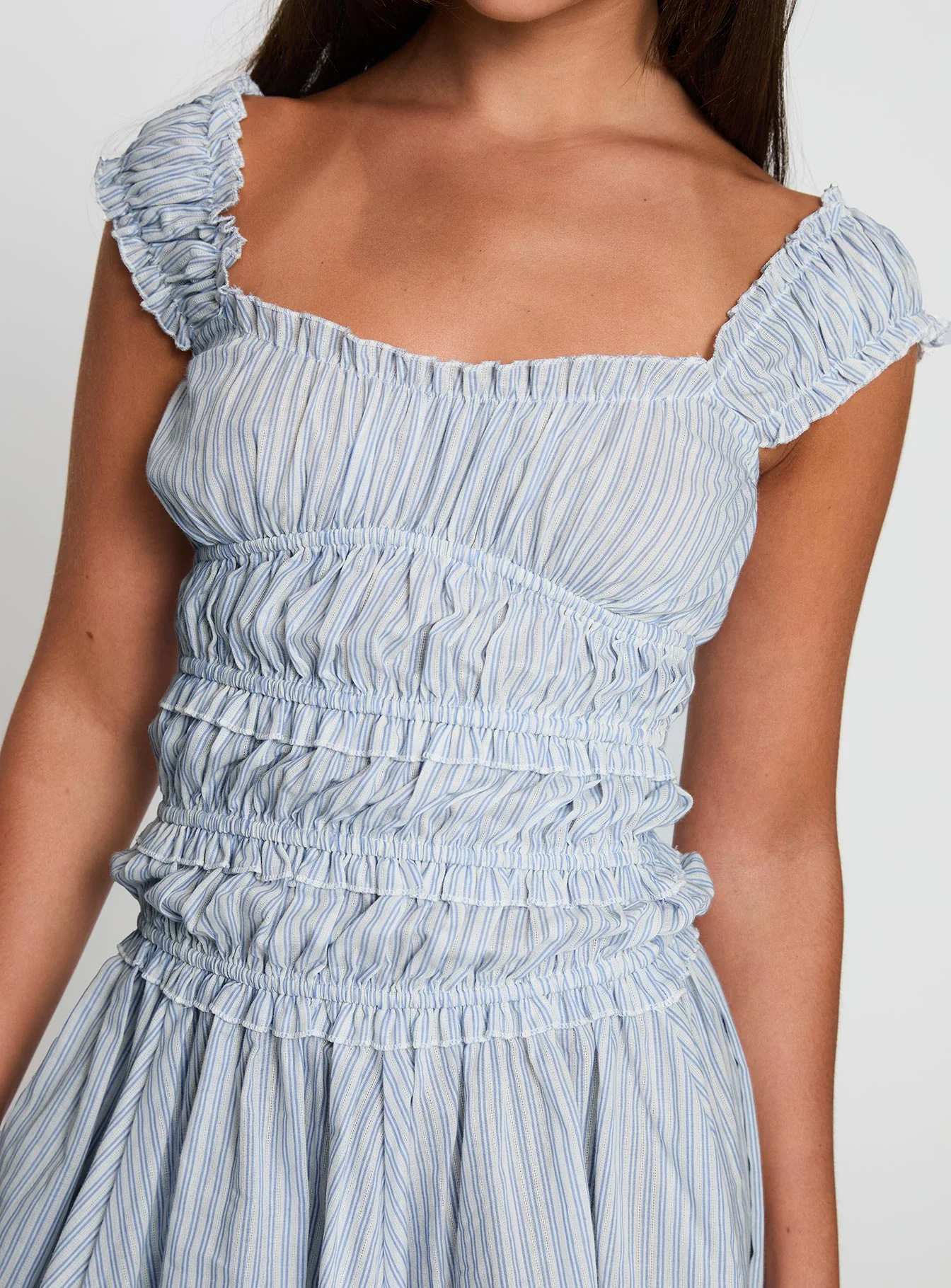 Wonderlust Shirred Mini Dress Blue Stripe - TREBLEV