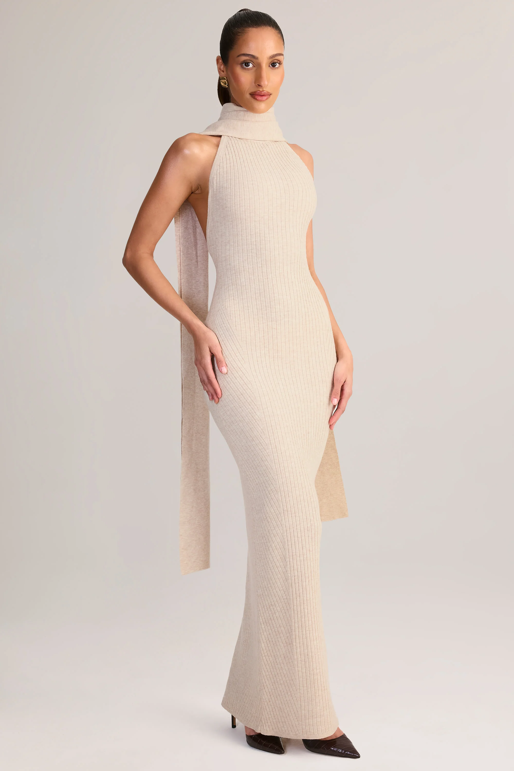 Knit Scarf-Detail Halterneck Maxi Dress in Cream - TREBLEV