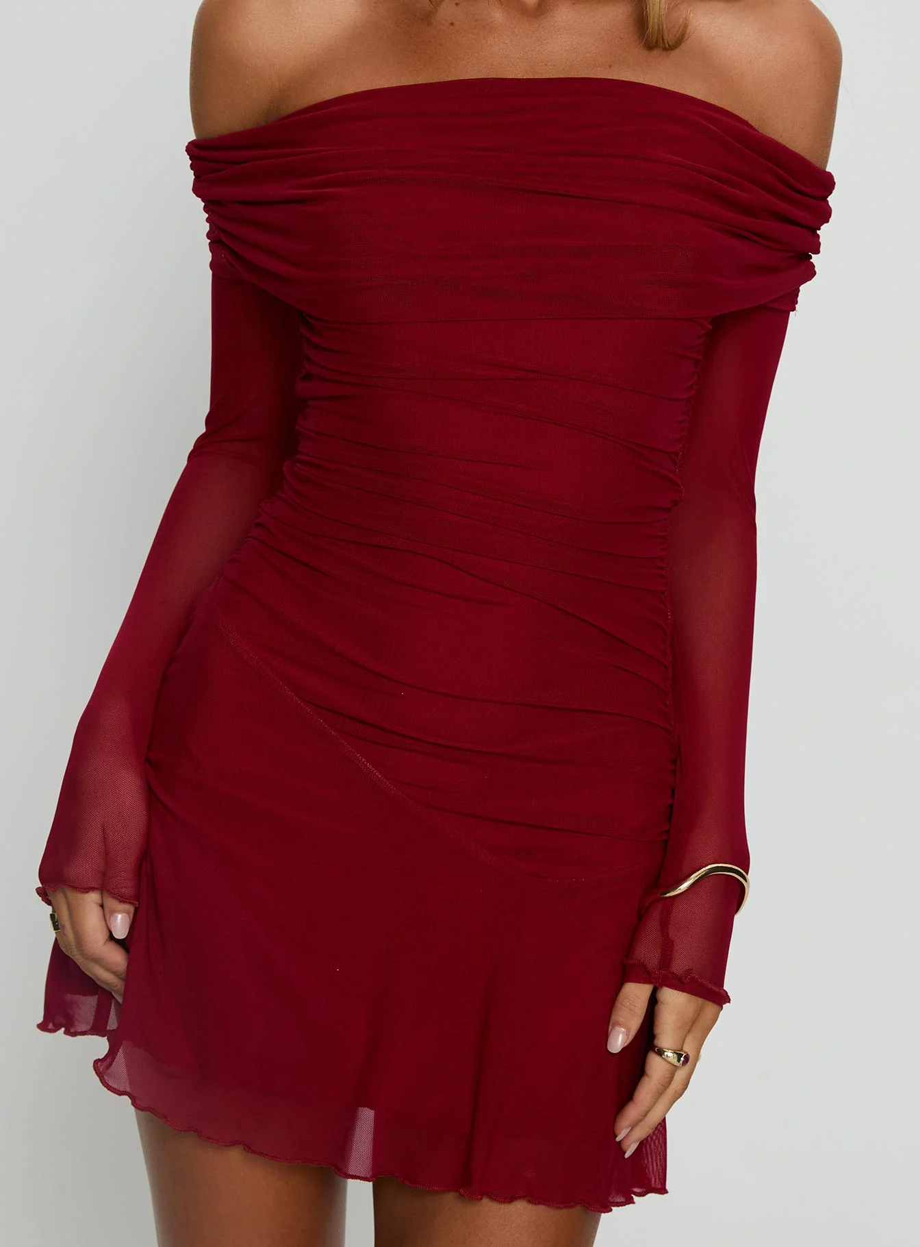 Koki Long Sleeve Off Shoulder Mini Dress Red - TREBLEV