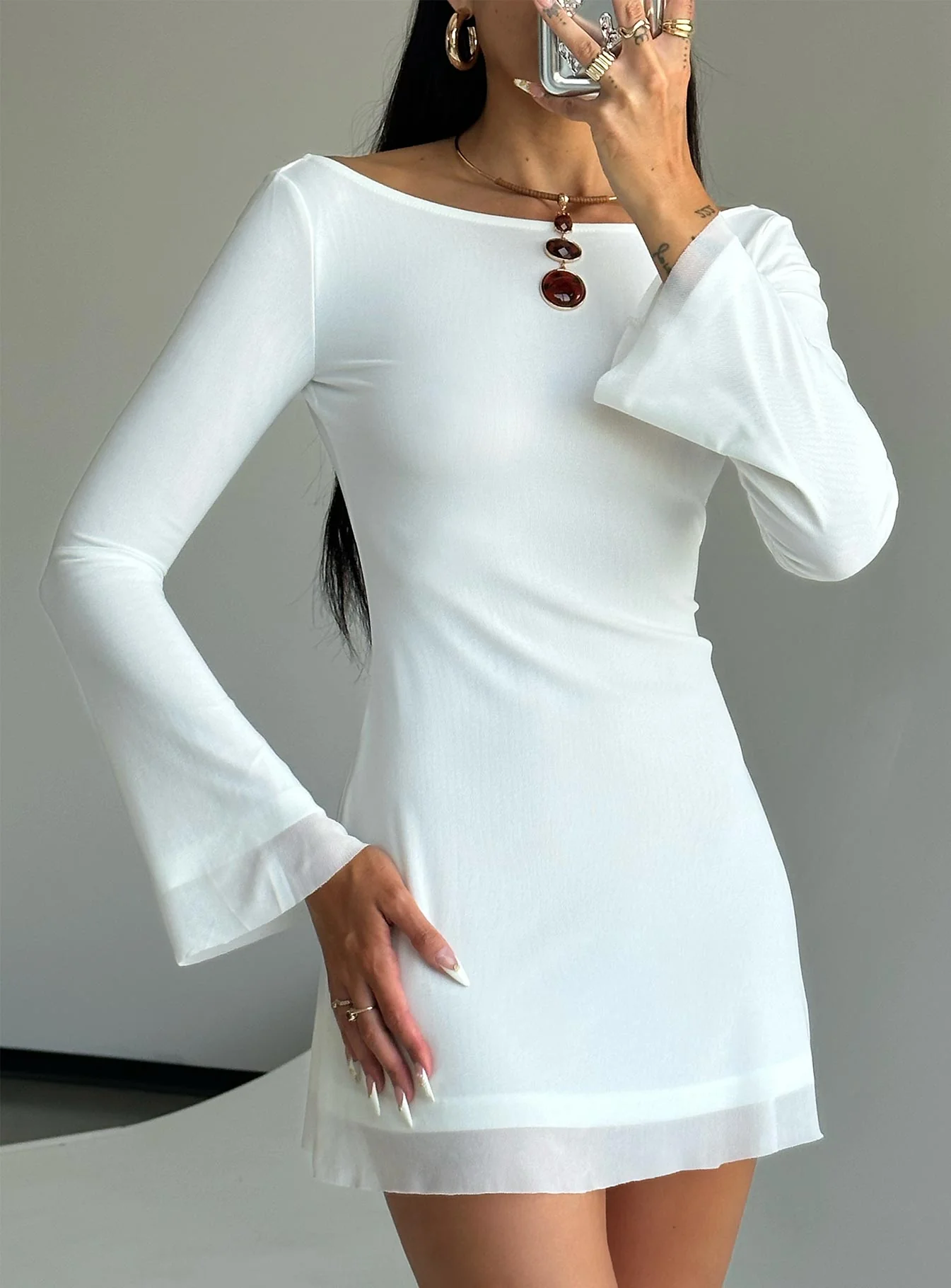 Lukea Long Sleeve Mini Dress White - TREBLEV