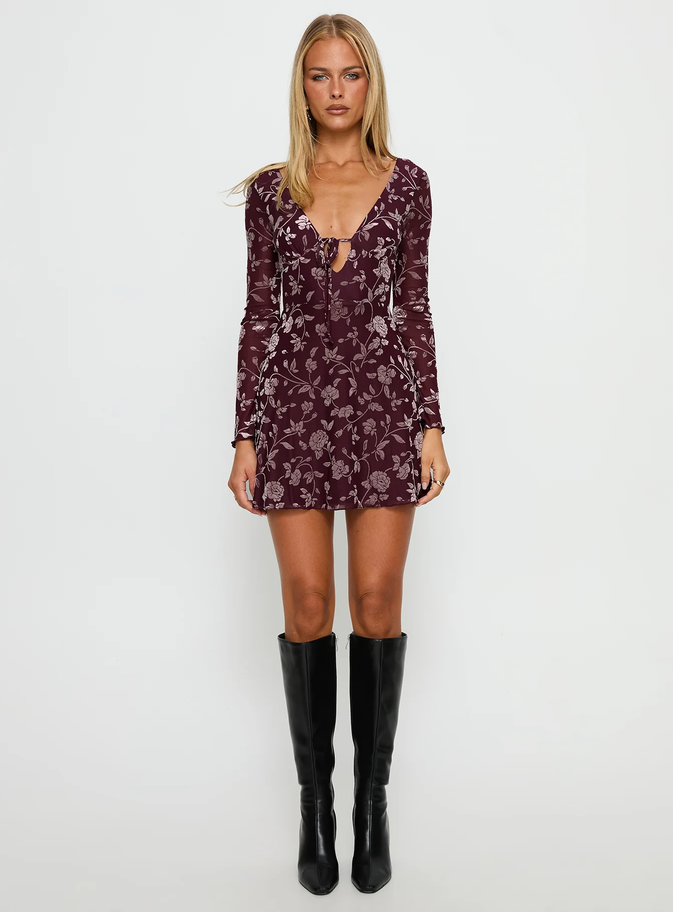 Raylena Long Sleeve V-neck Mini Dress Burgundy Floral - TREBLEV