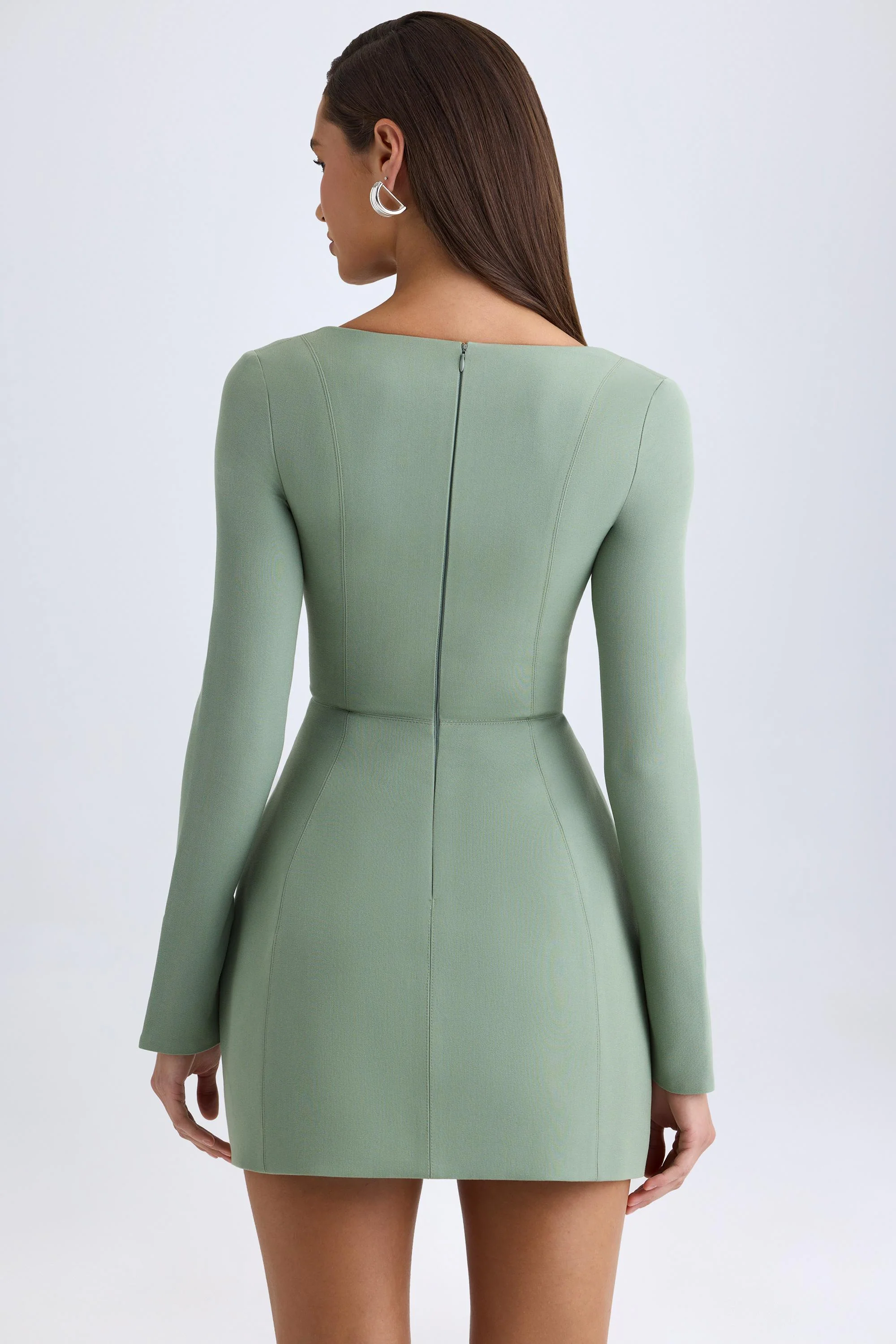 Square-Neck Structured Tulip Mini Dress in Khaki Green - TREBLEV