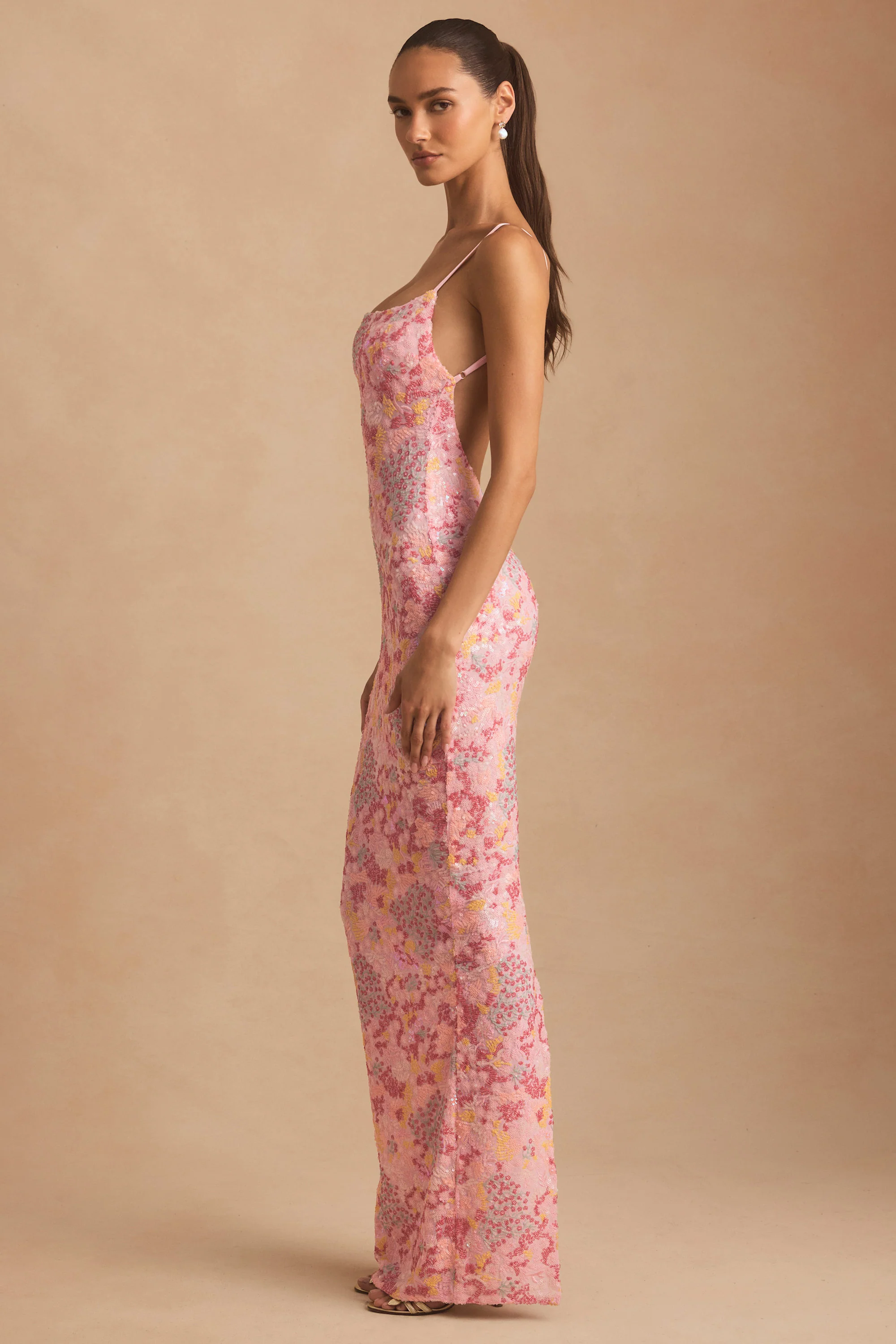 Embellished Scoop-Neck Backless Maxi Dress in Pink - TREBLEV