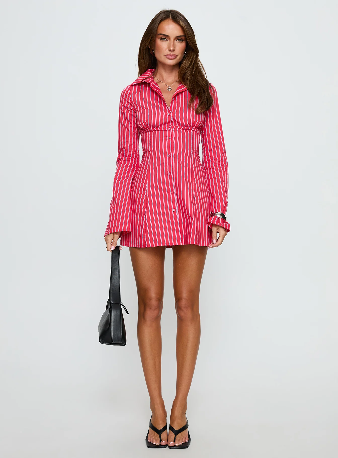 Tawni Long Sleeve Shirt Mini Dress Red Stripe - TREBLEV