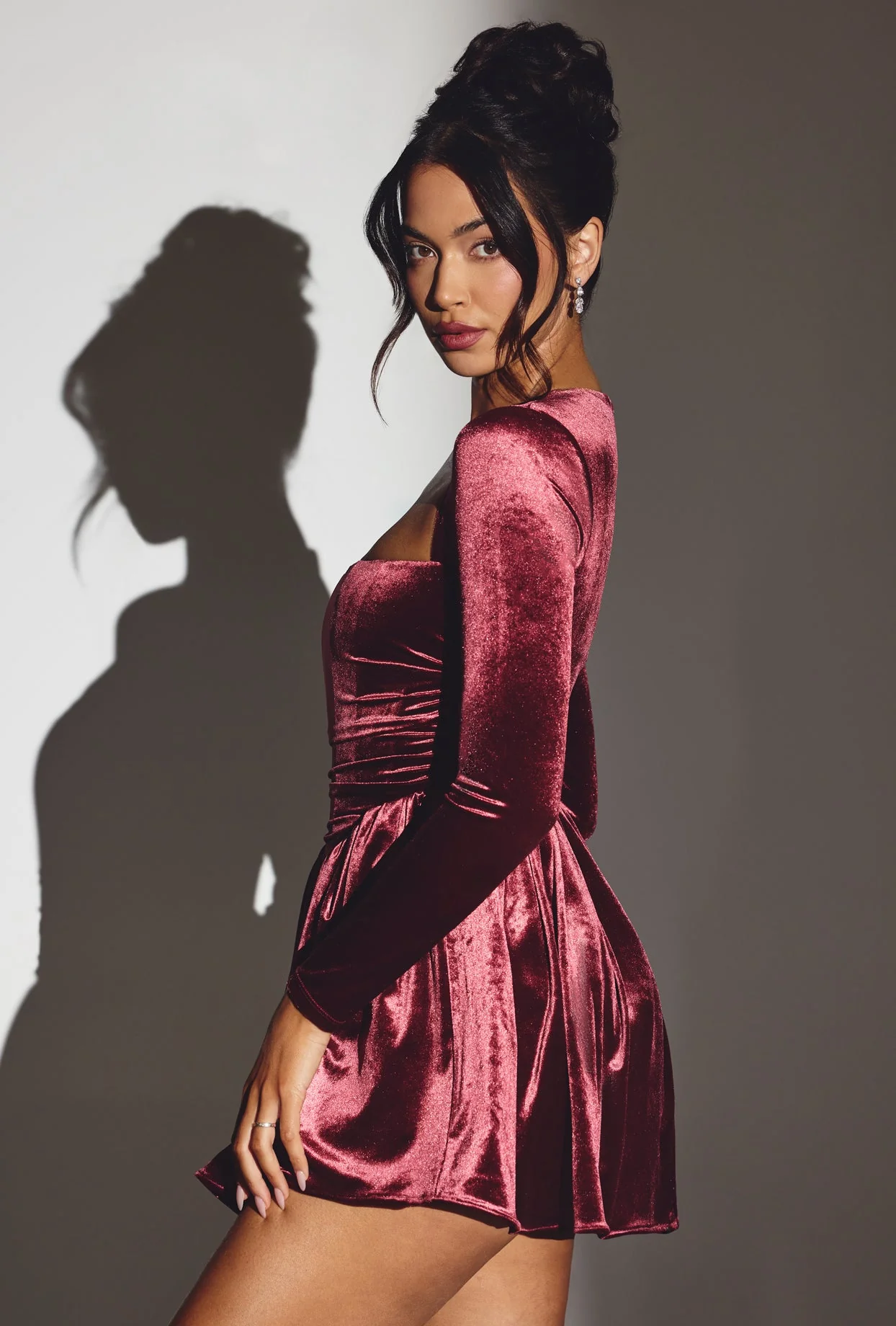 Velvet Long Sleeve Corset Mini Dress in Wine - TREBLEV